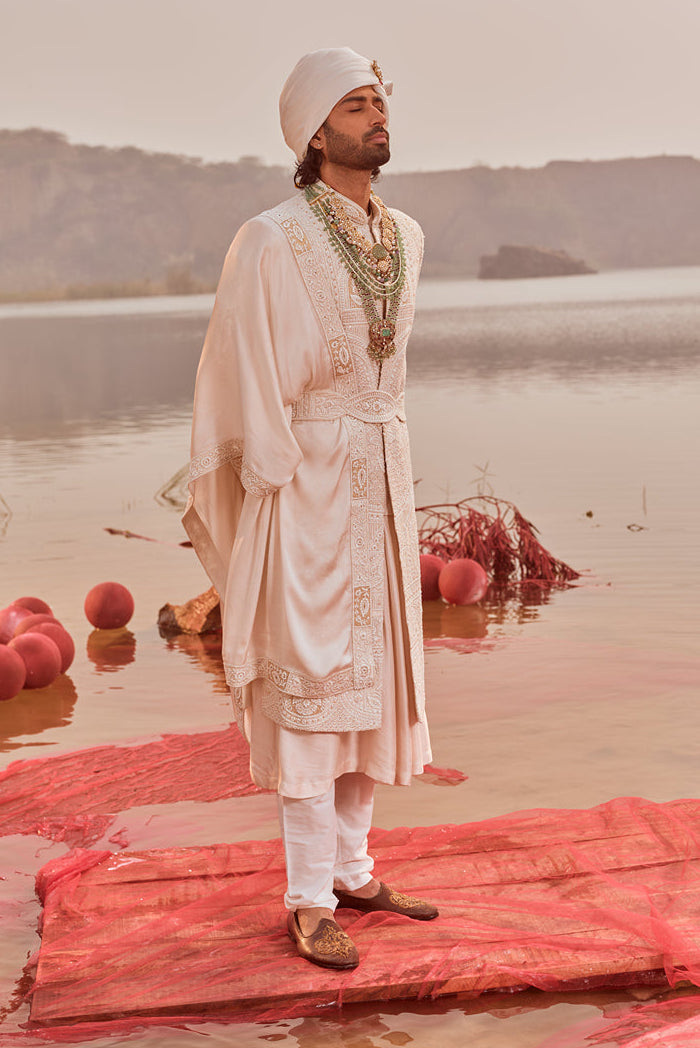 White pearl work embroidered Sherwani set