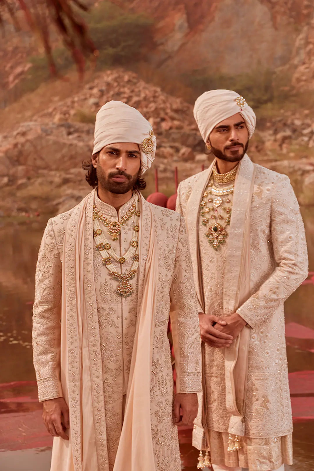 Peach silk Sherwani with zardozi work