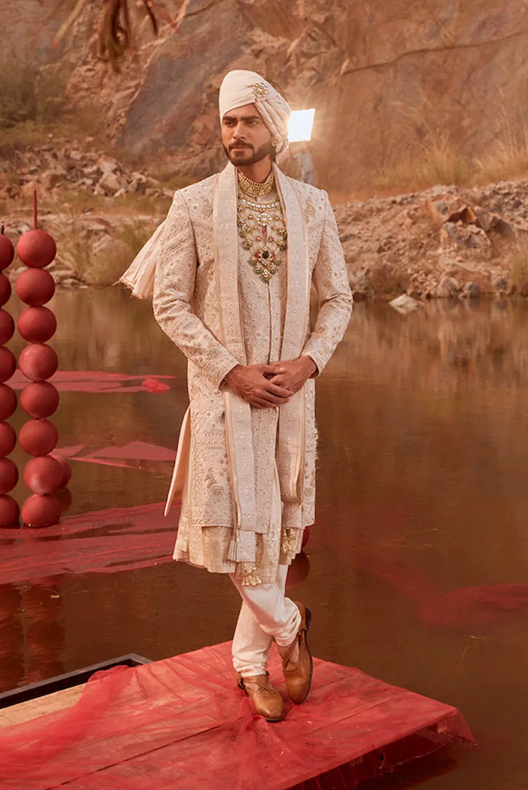 Beige silk Sherwani with zardozi work