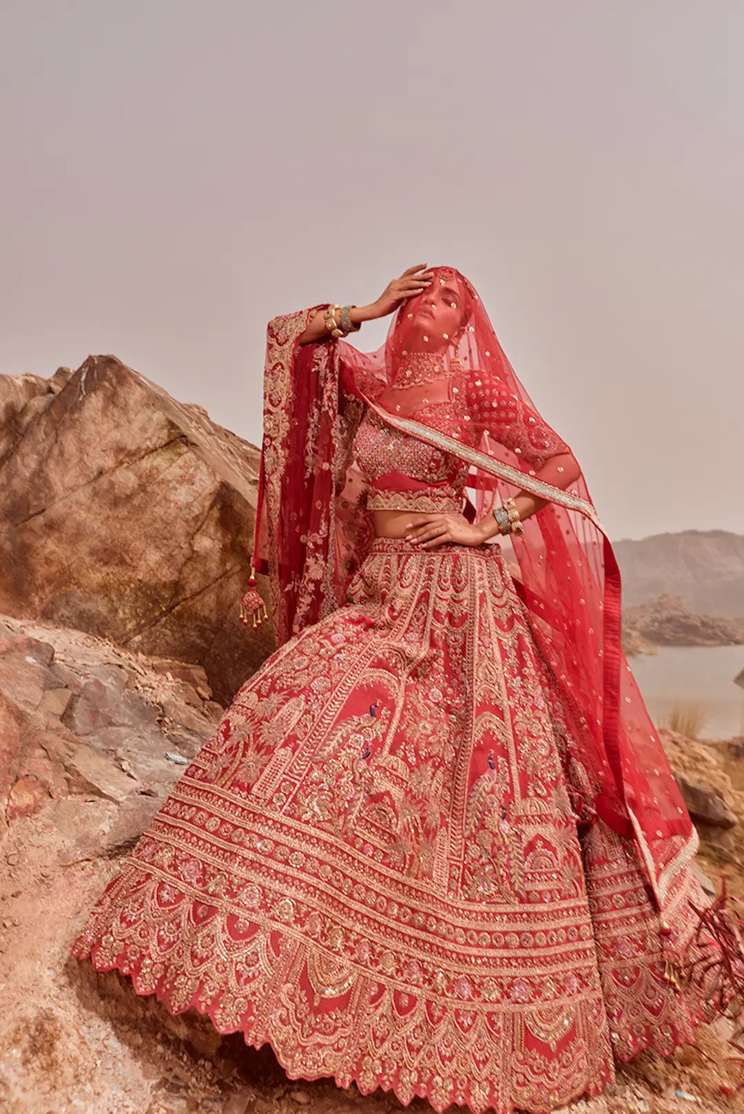 Red silk lehenga with zardozi work
