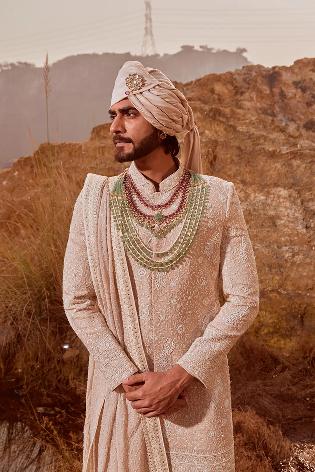 Beige Sherwani with pearl and thread work