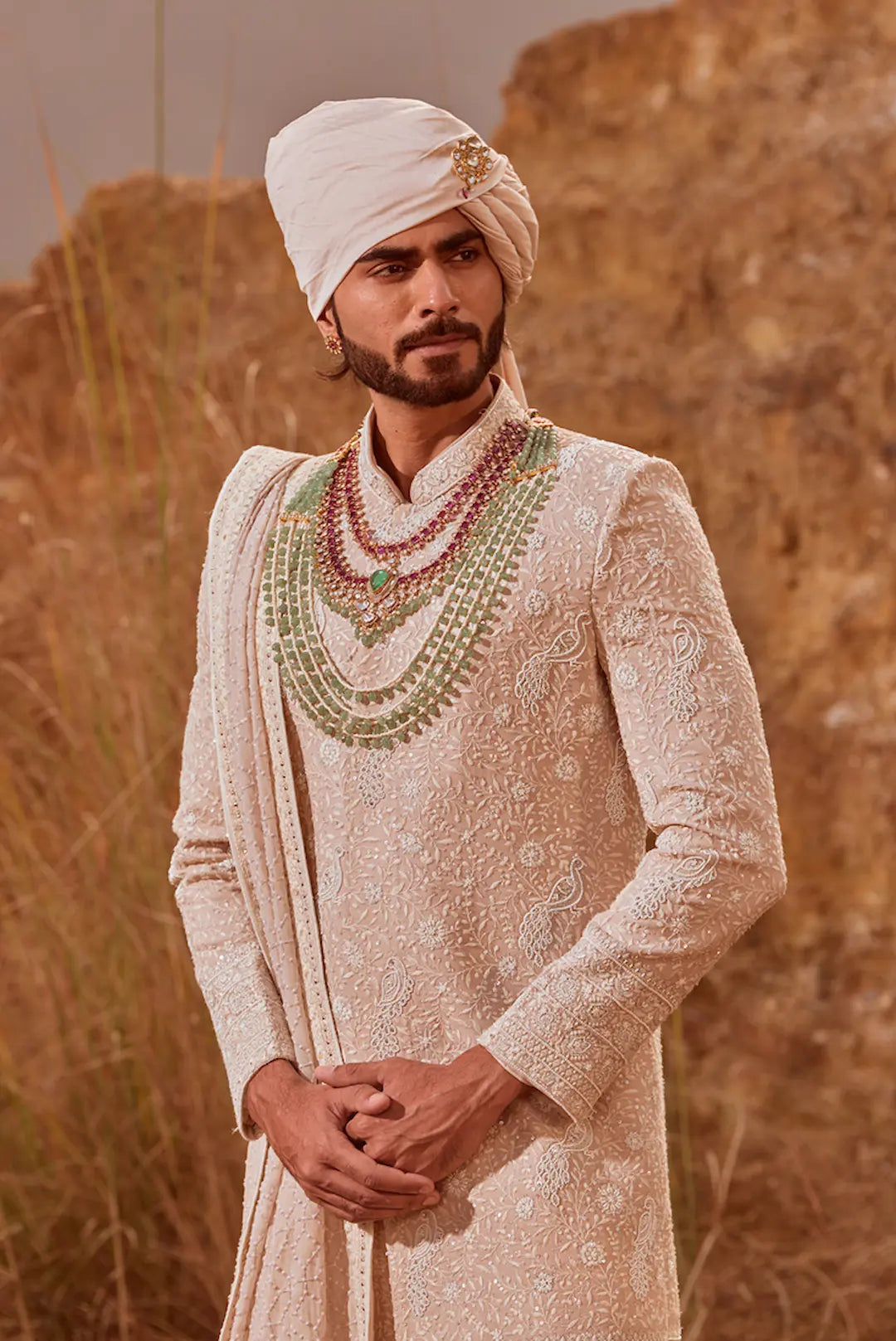 Beige Sherwani with pearl and thread work