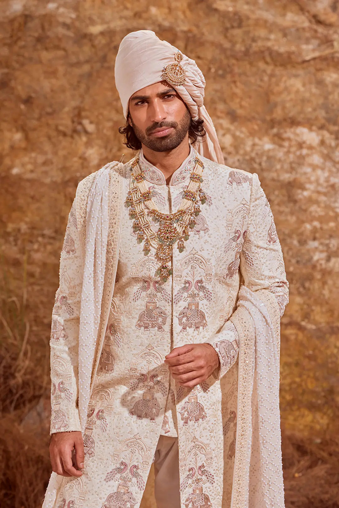 Off white Sherwani with elephant embroidery
