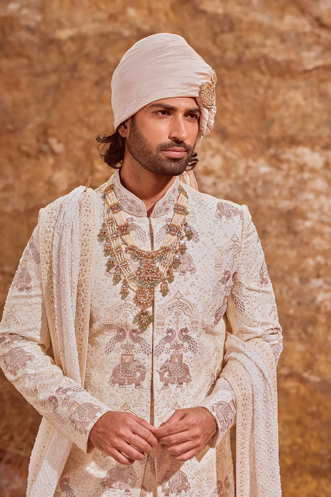 Off white Sherwani with elephant embroidery