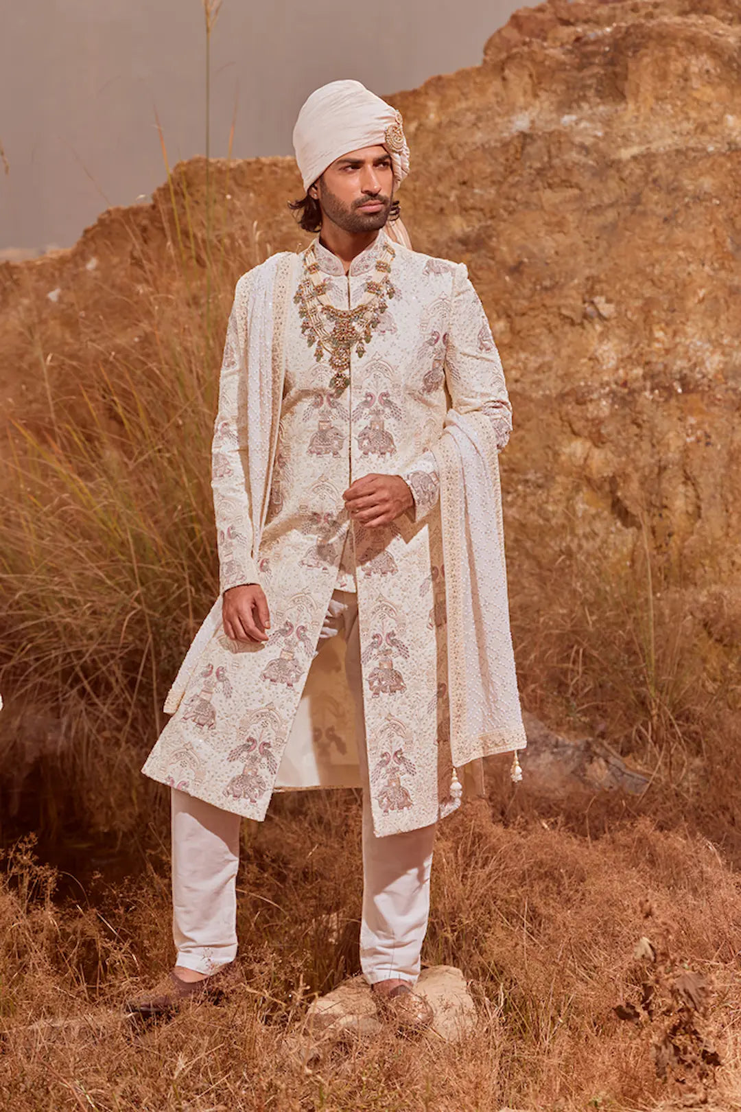 Off white Sherwani with elephant embroidery