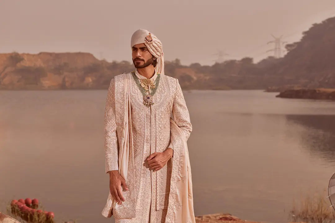 Rose gold silk Sherwani set in thread work embroidery