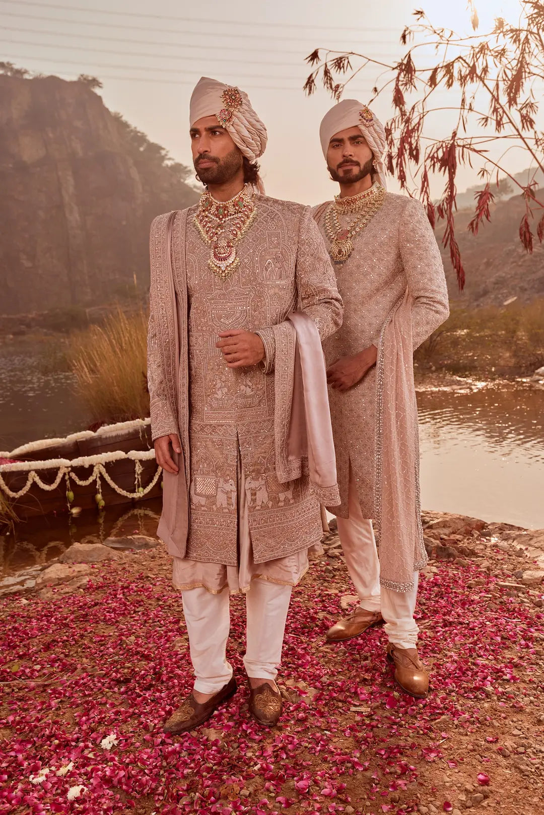 Mauve handwoven silk embroidered Sherwani set