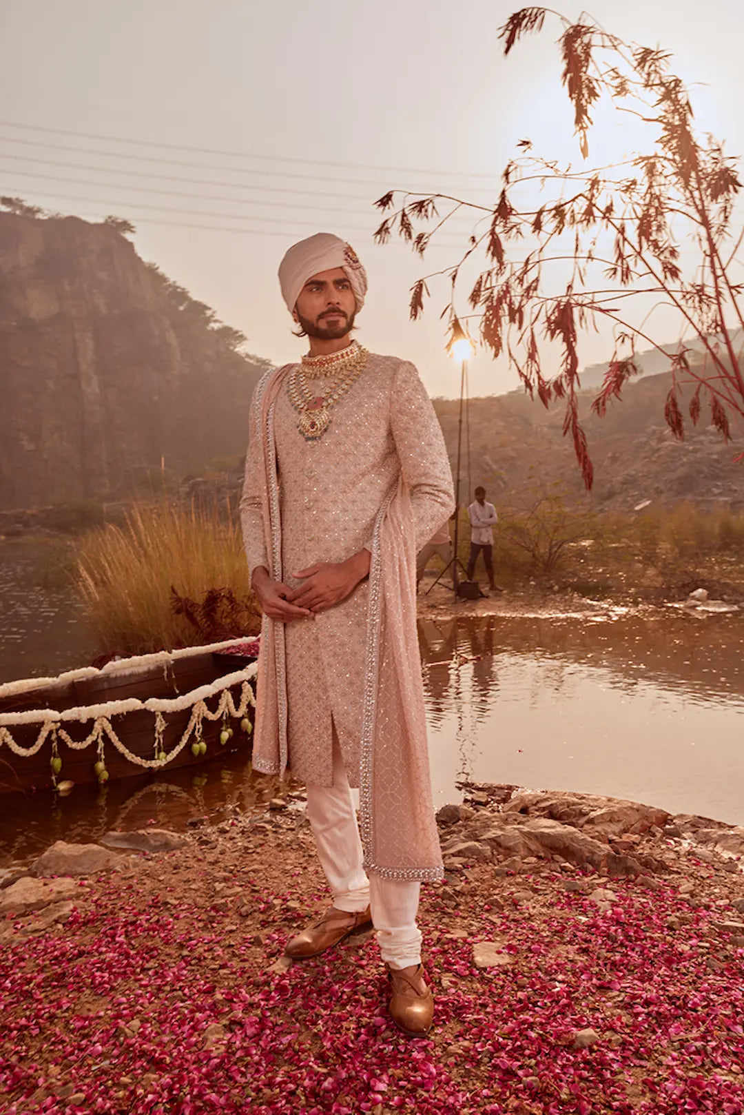 Rose gold silk Sherwani with zardozi embroidery