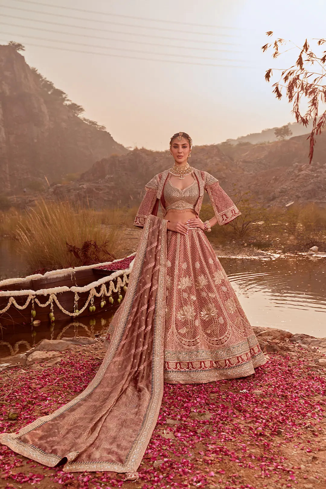 Blush pink Tissue silk embroidered bridal lehenga