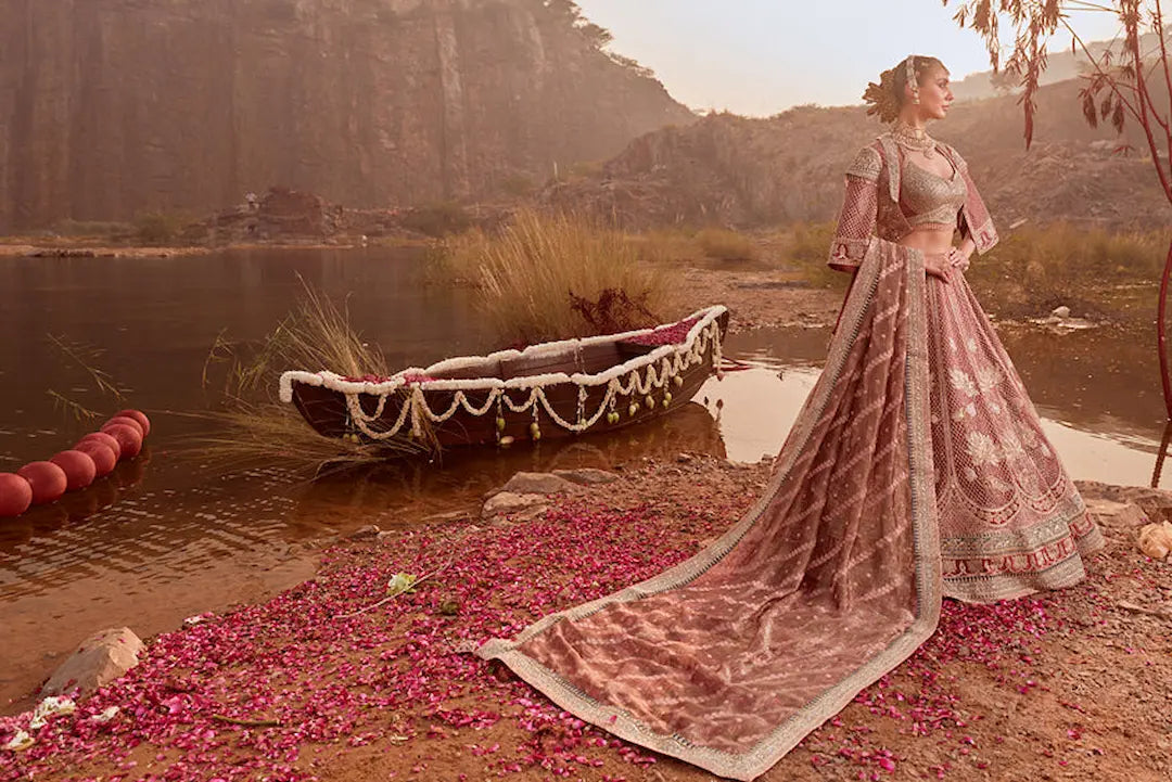 Blush pink Tissue silk embroidered bridal lehenga