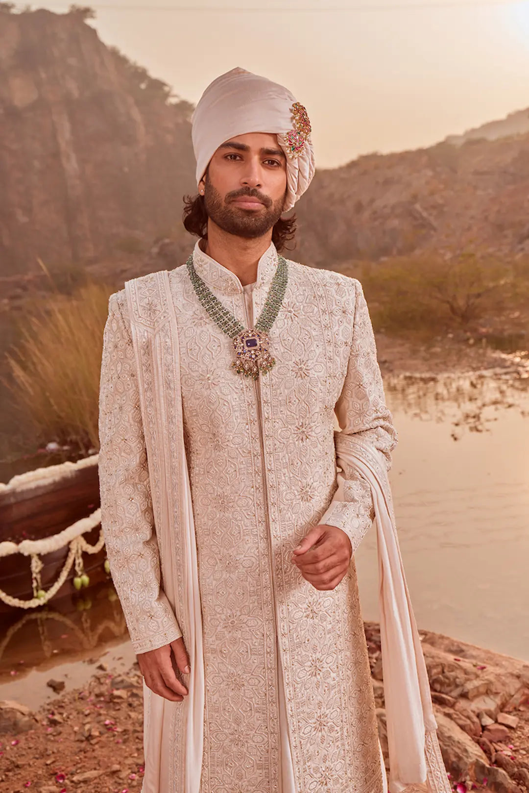 Off white Sherwani set with thread work and with anarkali kurta