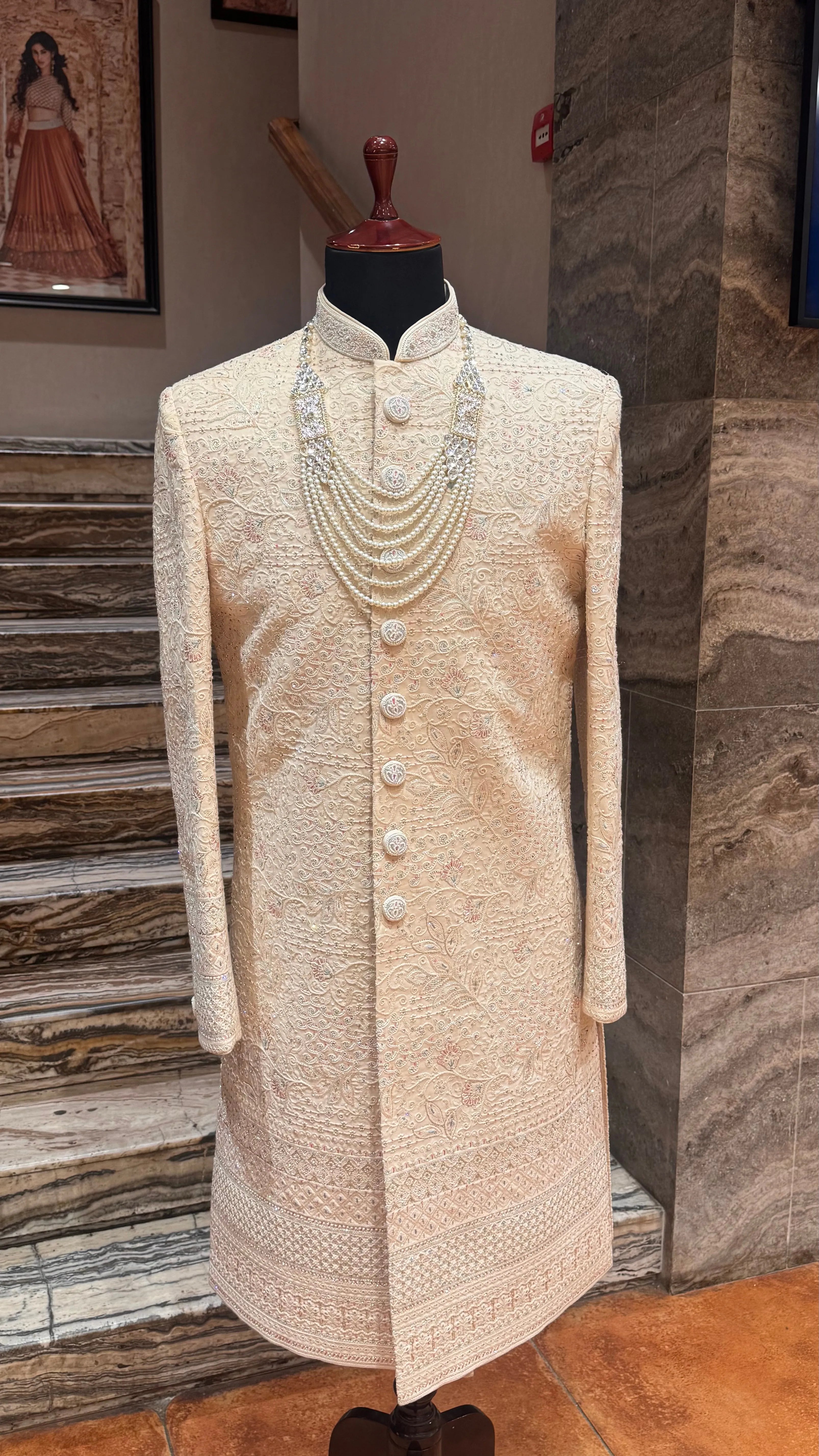 Cream silk Sherwani with pearl embroidery