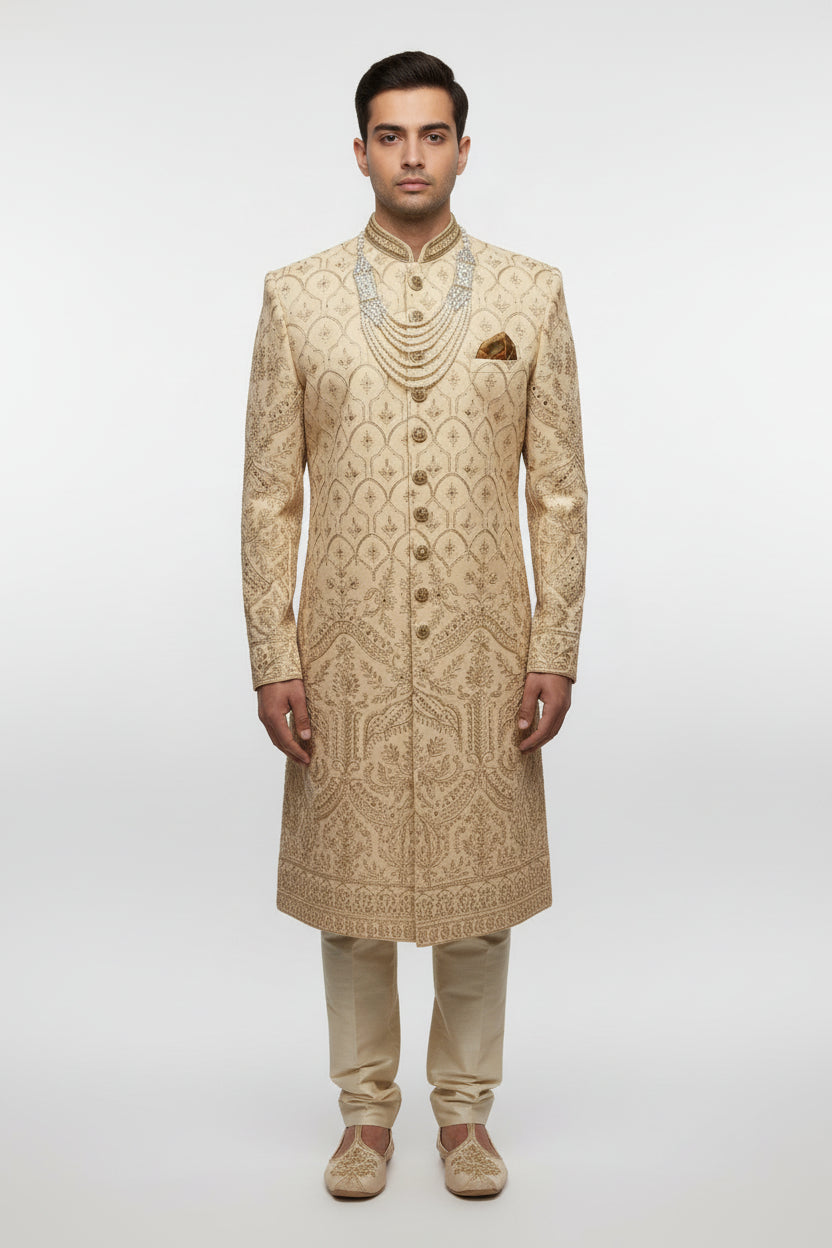 Beige embroidered sherwani on a mannequin against a textured wall.
