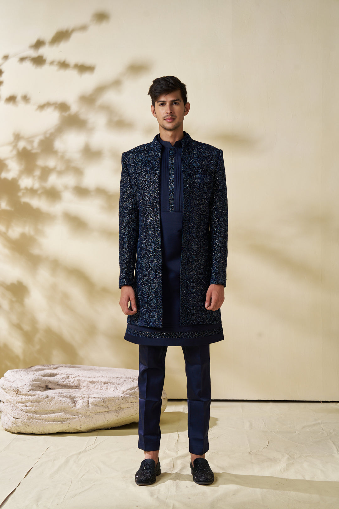 Blue Indo-western jacket set with threadwork