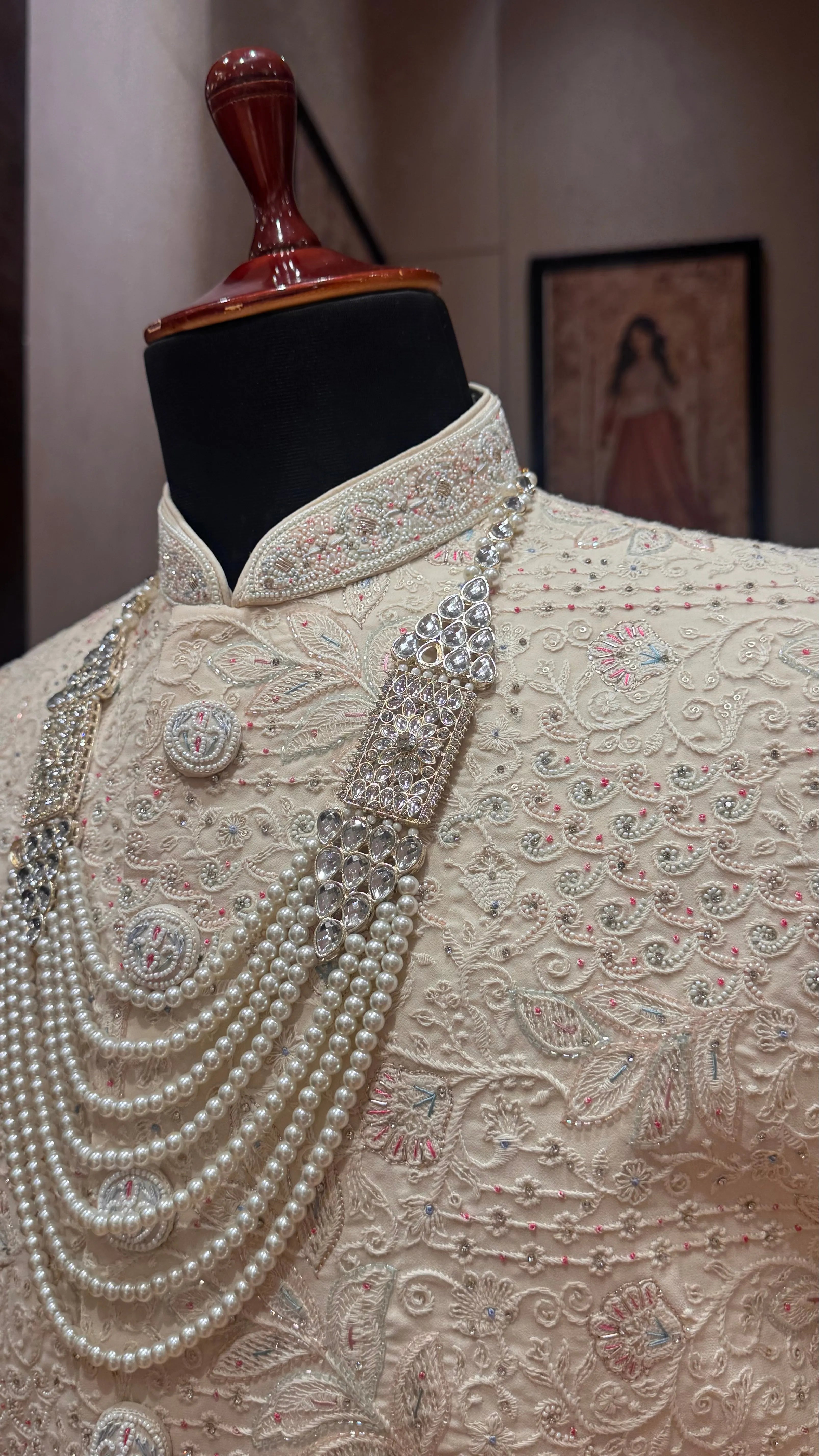 Cream silk Sherwani with pearl embroidery
