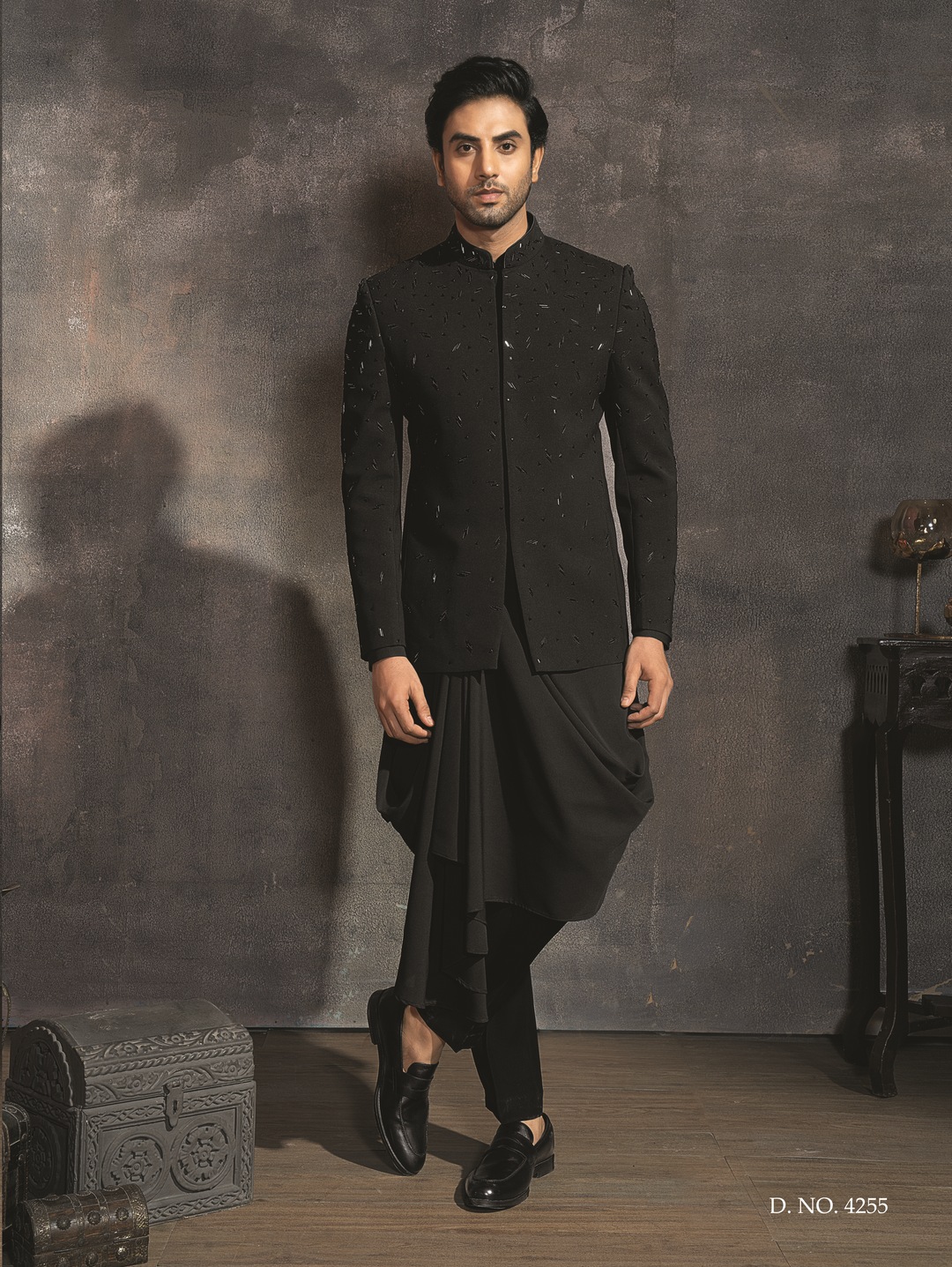 Black Indo-western sherwani jacket set with cutdana embellishments
