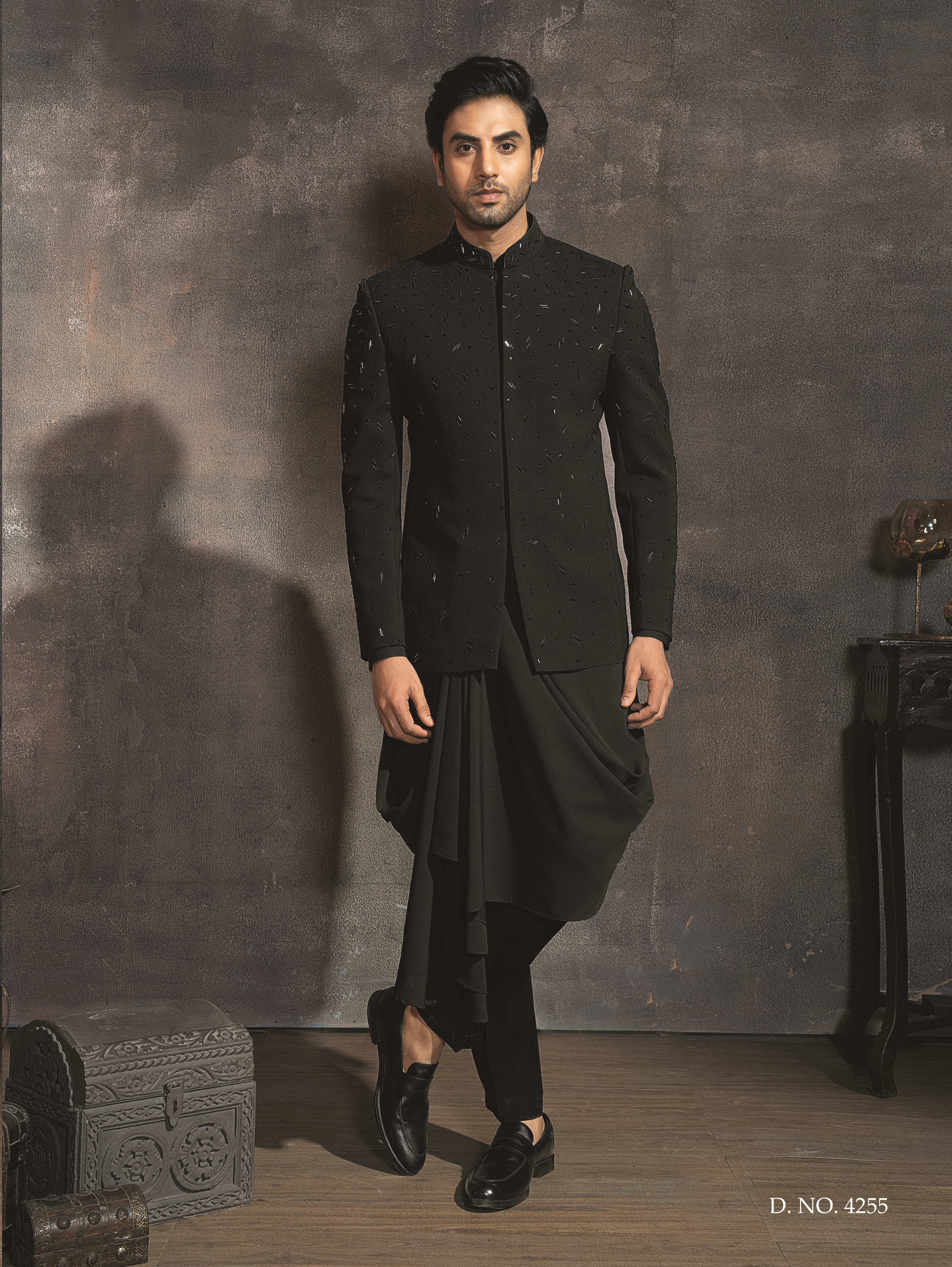 Black Indo-western sherwani jacket  with cutdana embellishments