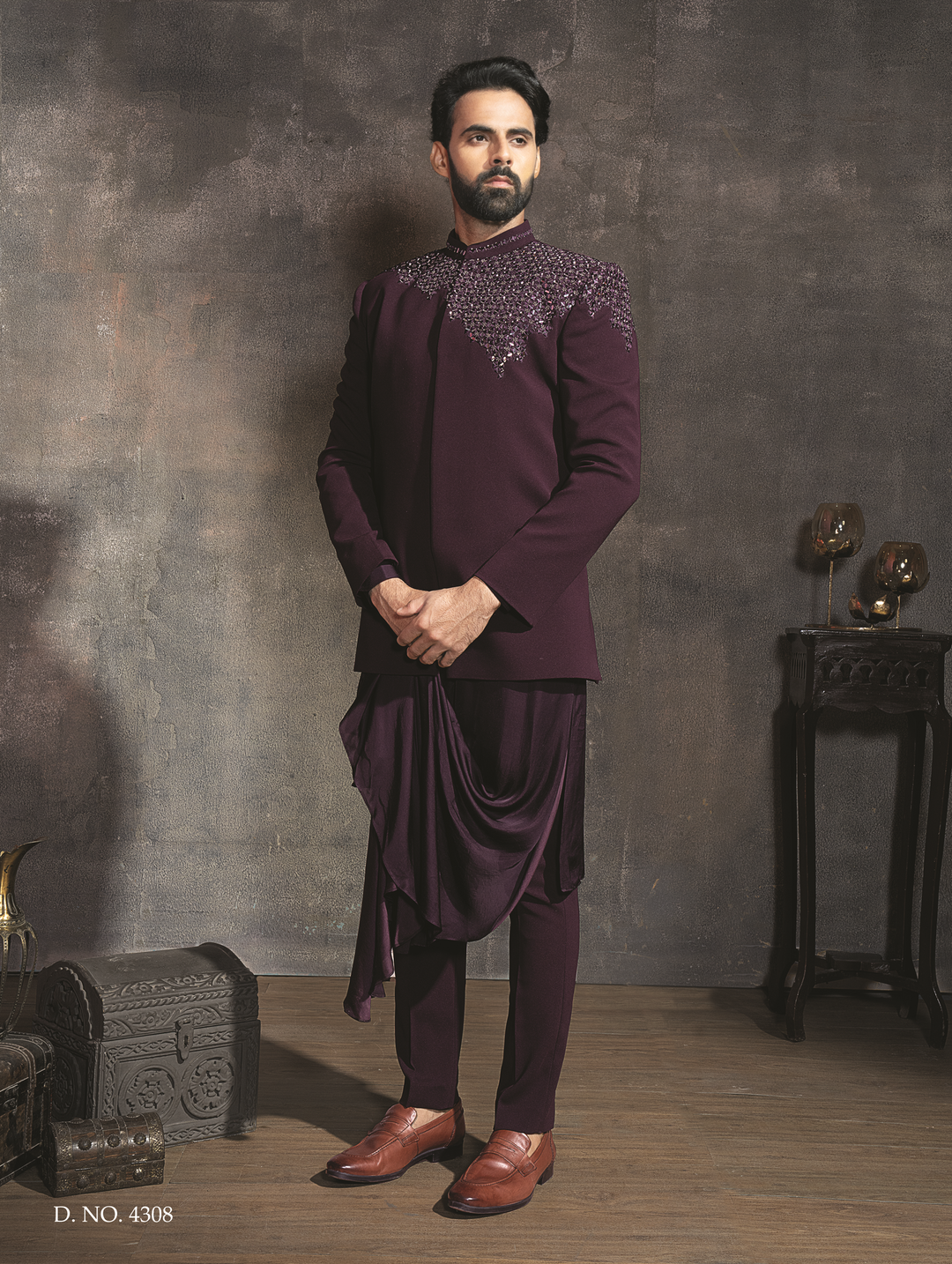 Purple indo-western sherwani jacket set  with cutdana embroidery