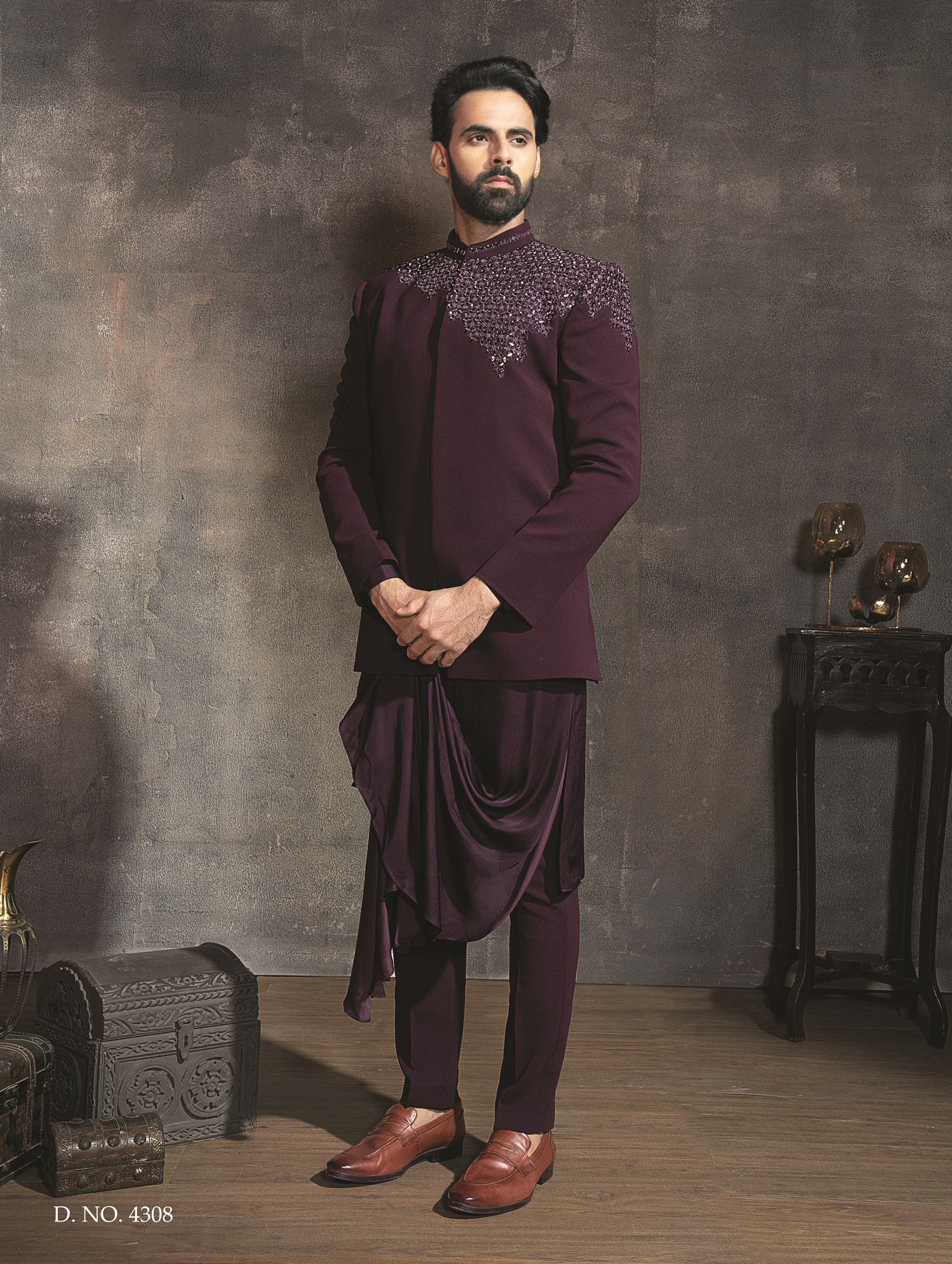 Purple indo-western sherwani jacket   with cutdana embroidery