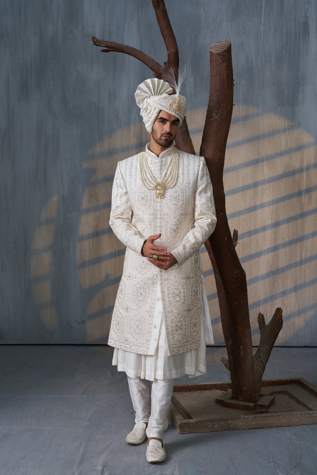 Ivory silk Sherwani with embellishments