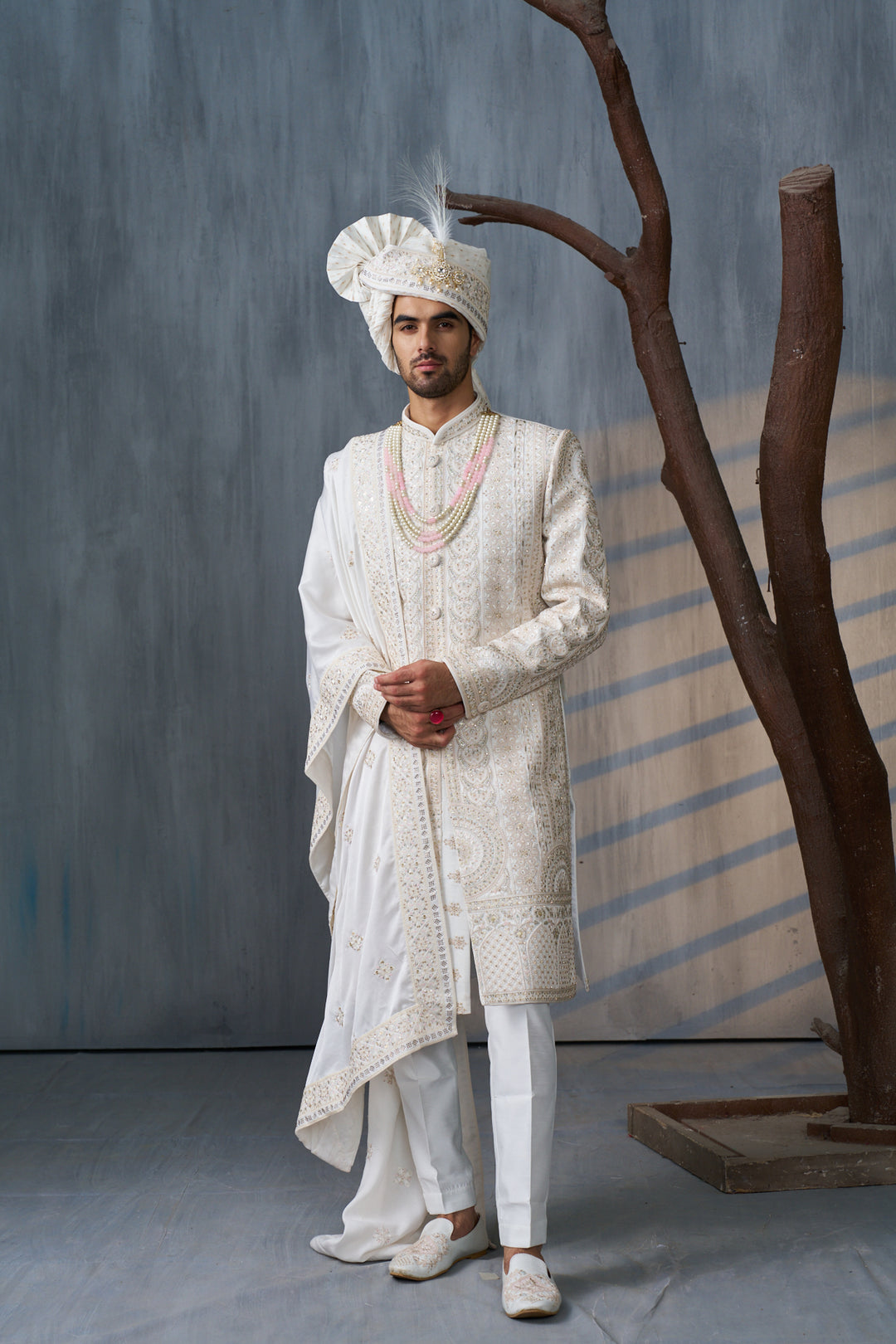 Ivory Silk men’s wedding sherwani with gold embellishments (accessories included)