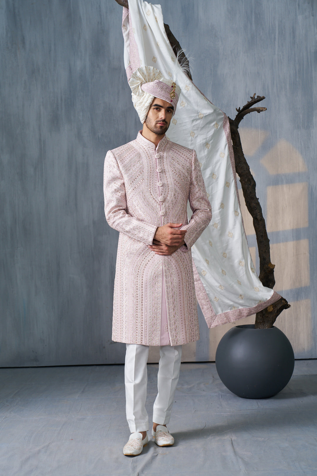 Pink Silk Sherwani set with embroidery