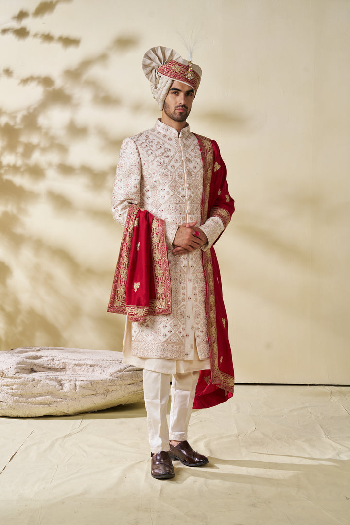 Cream silk Sherwani set with contrasting stole (accessories included)