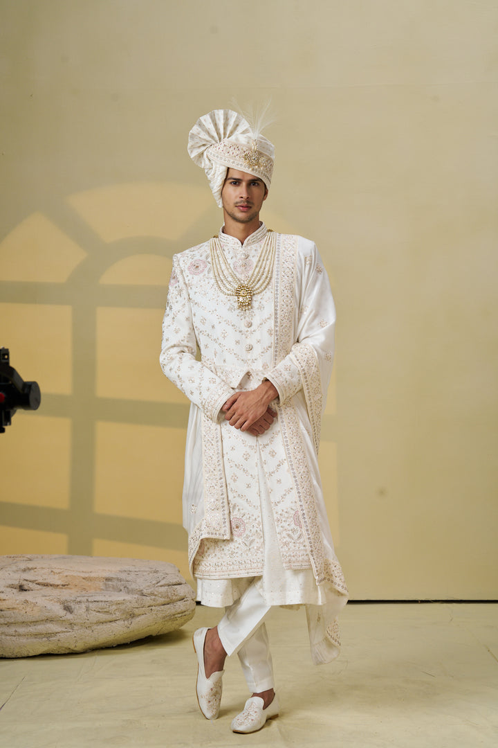 Ivory silk sherwani set with gold embellishments (accessories included)