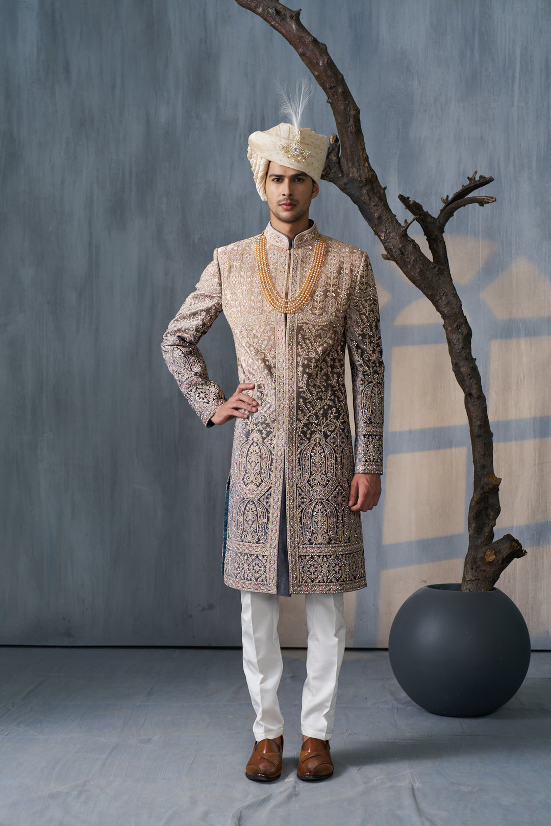 Brown ombre Silk Sherwani set with embellishments (accessories included)