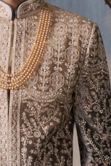 Brown ombre Silk Sherwani set with embellishments (accessories included)
