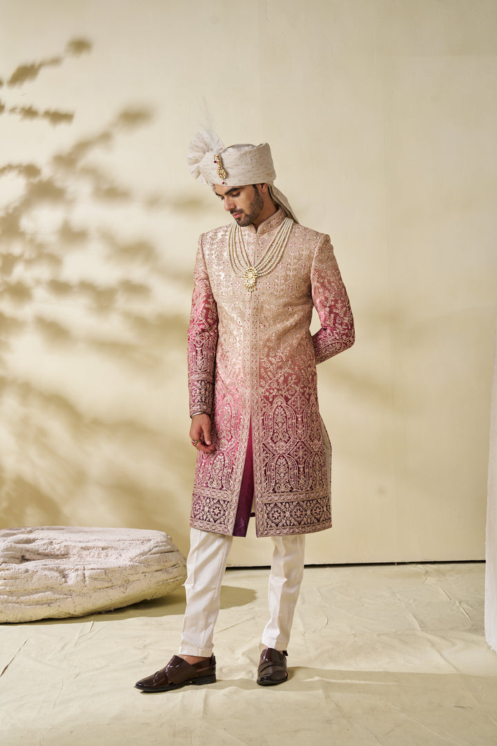 Ombre Gold Silk Sherwani set with embellishments (accessories included)