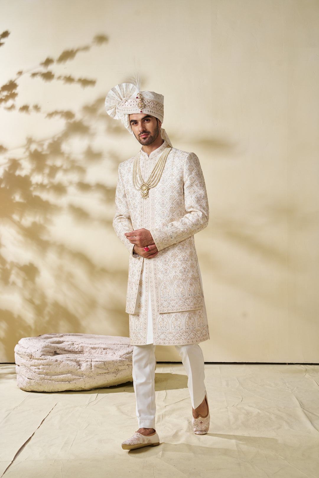 Cream silk sherwani set with embellishments (accessories included)