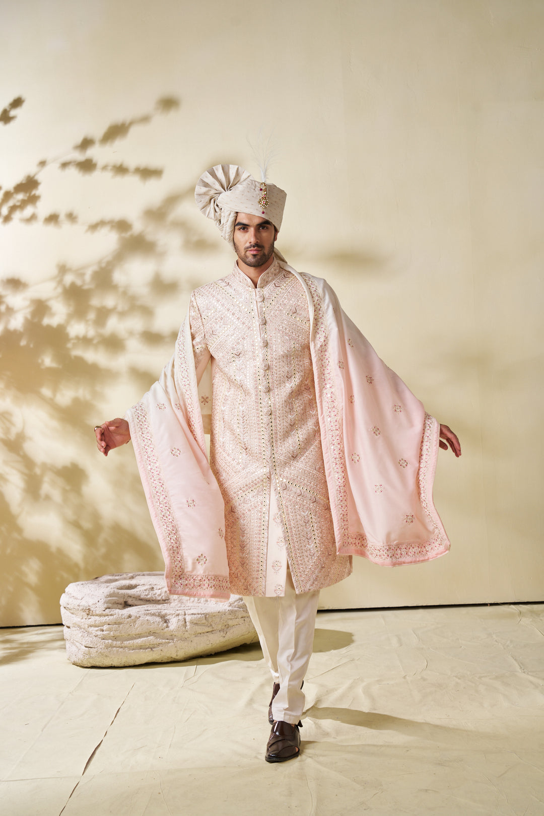 Pink silk sherwani set with embroidery (accessories included)