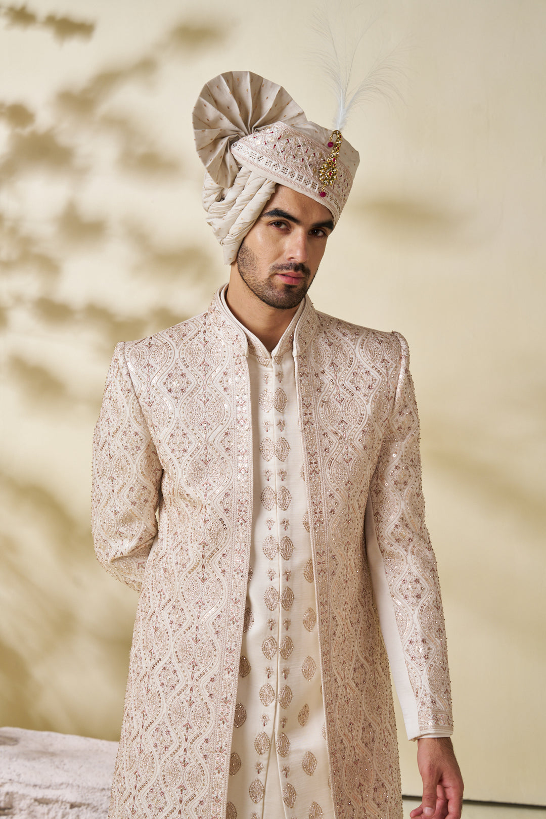 Cream Silk Men’s wedding Sherwani with sequins embellishments