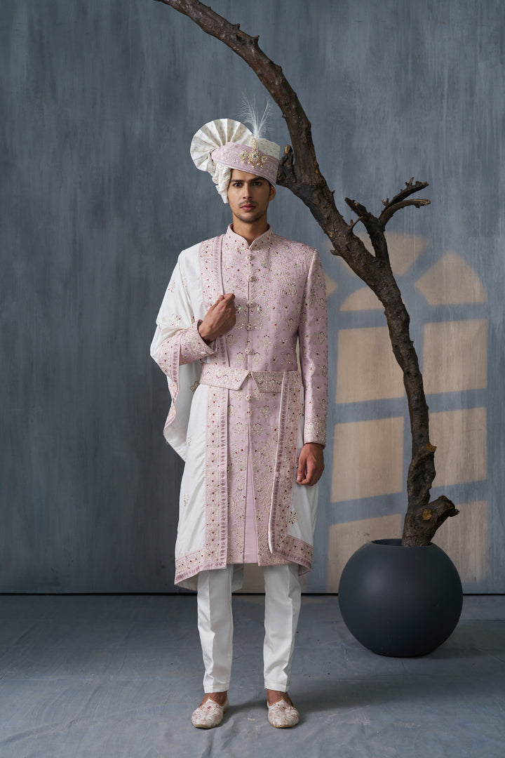 Pink silk Sherwani set with threadwork and embellishments (accessories included)