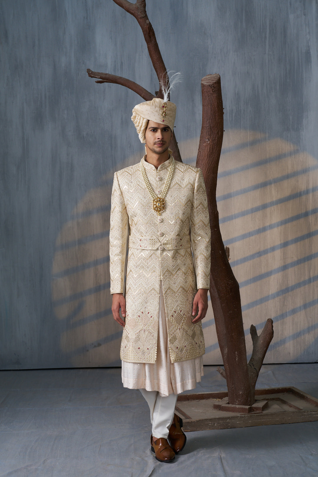 Cream silk sherwani set with gold embroidery (accessories included)