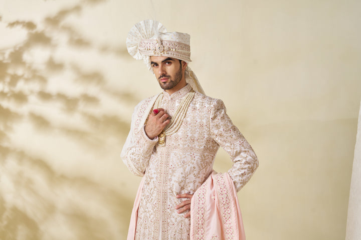 Ivory silk sherwani set with gold embellishments (accessories included)