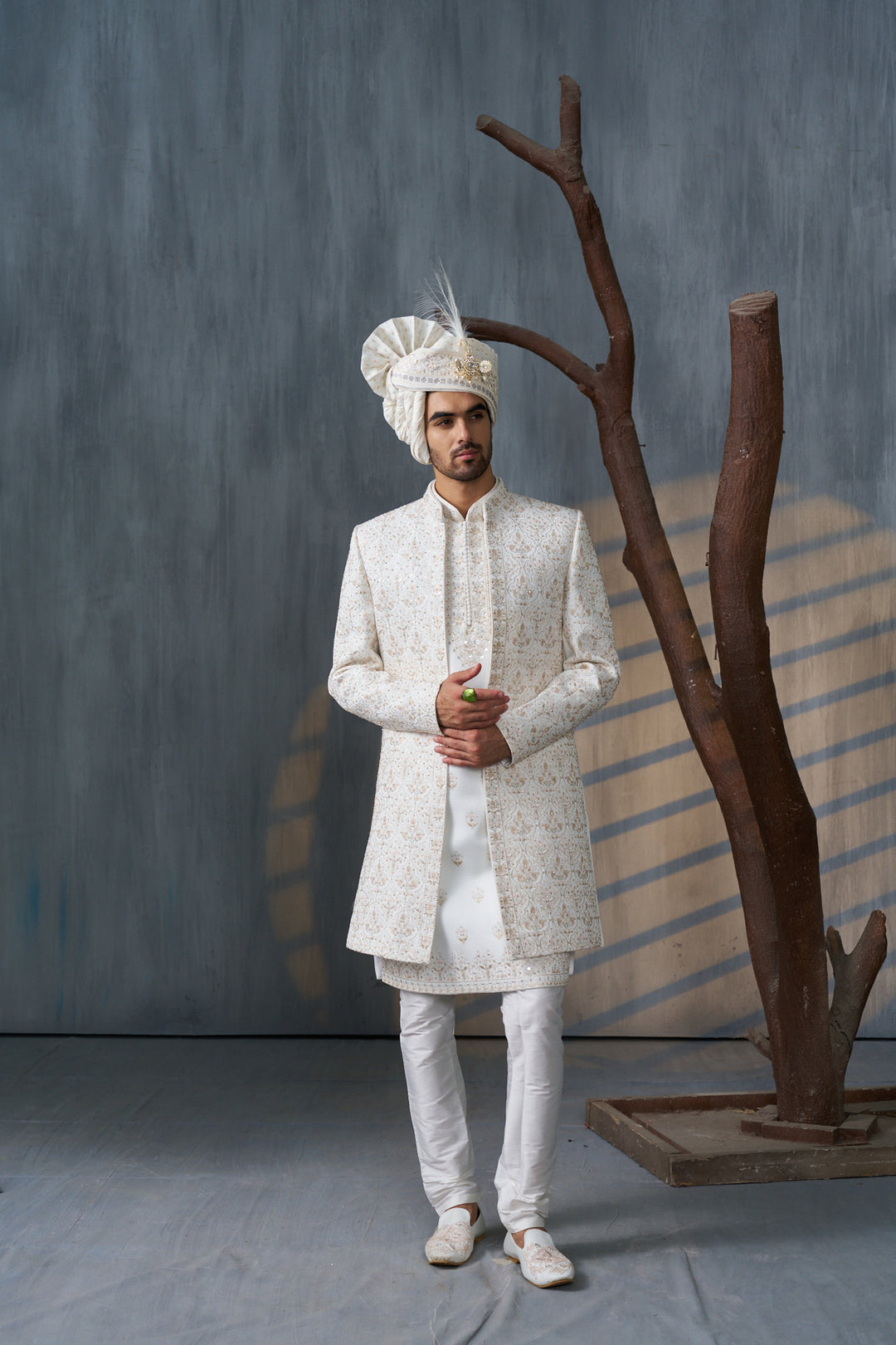 Ivory Silk men’s wedding sherwani with embroidery (accessories included)