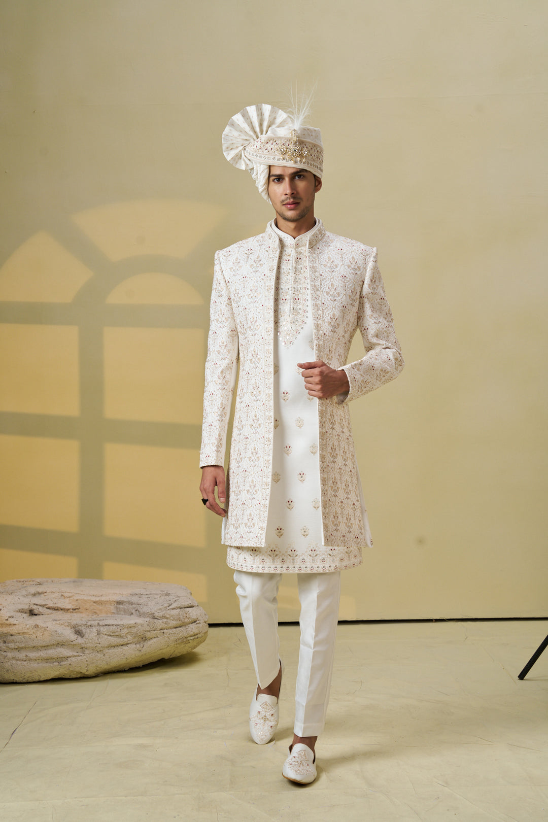 Ivory Silk men’s wedding sherwani with floral motifs (accessories included)