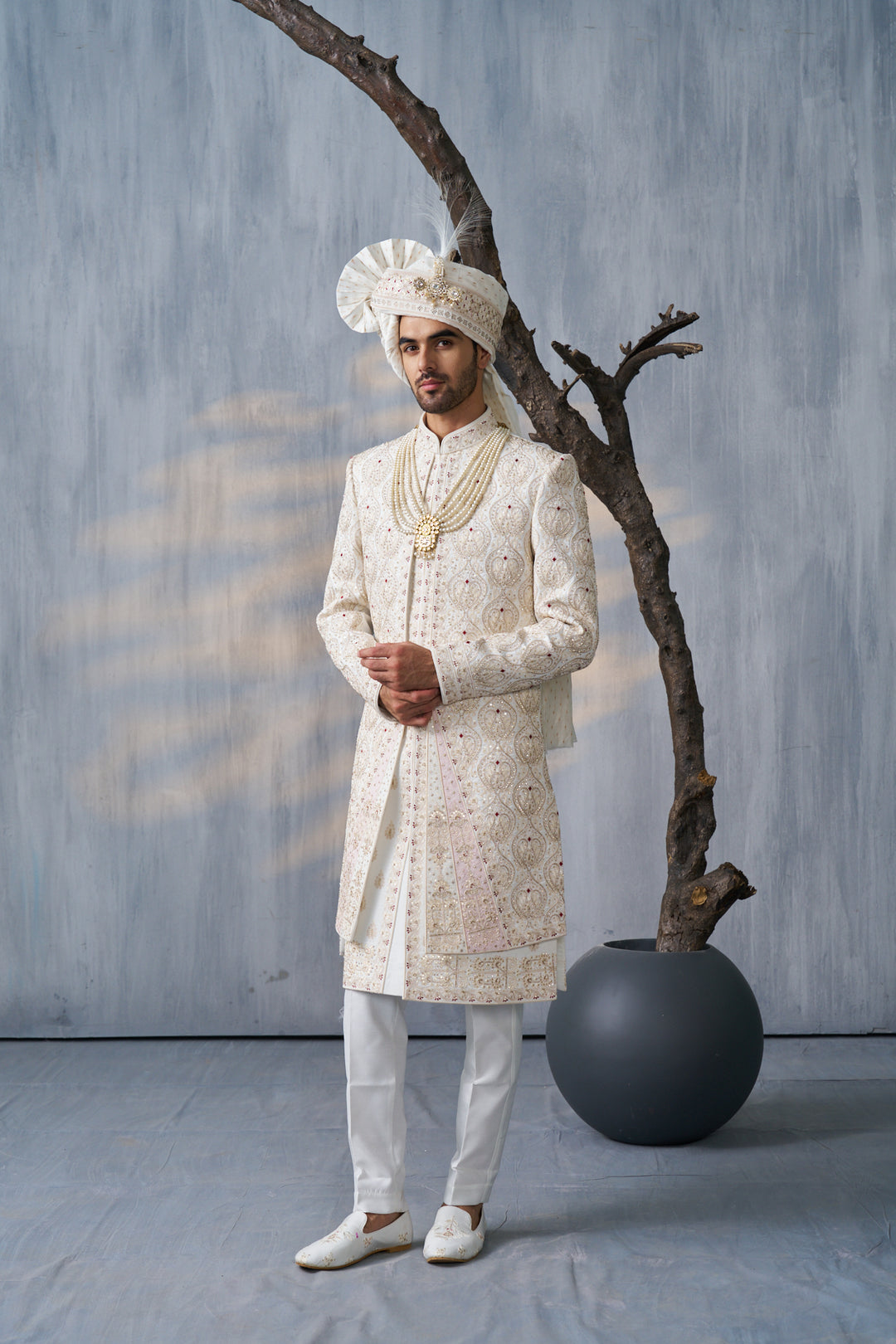 Ivory Silk men’s wedding sherwani with embellishments (accessories included)