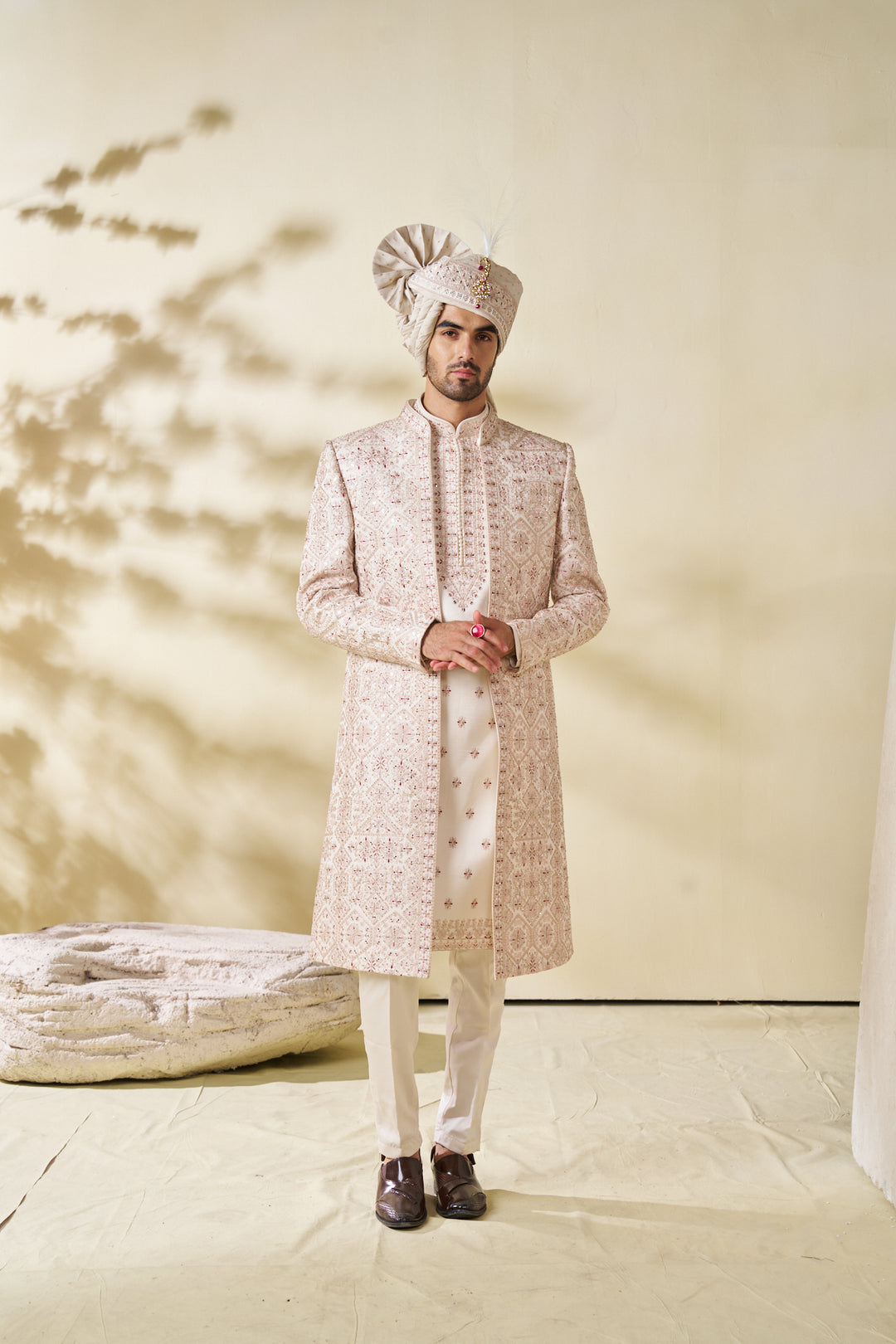 Pastel Pink Men’s wedding Sherwani with embellishments (accessories included)