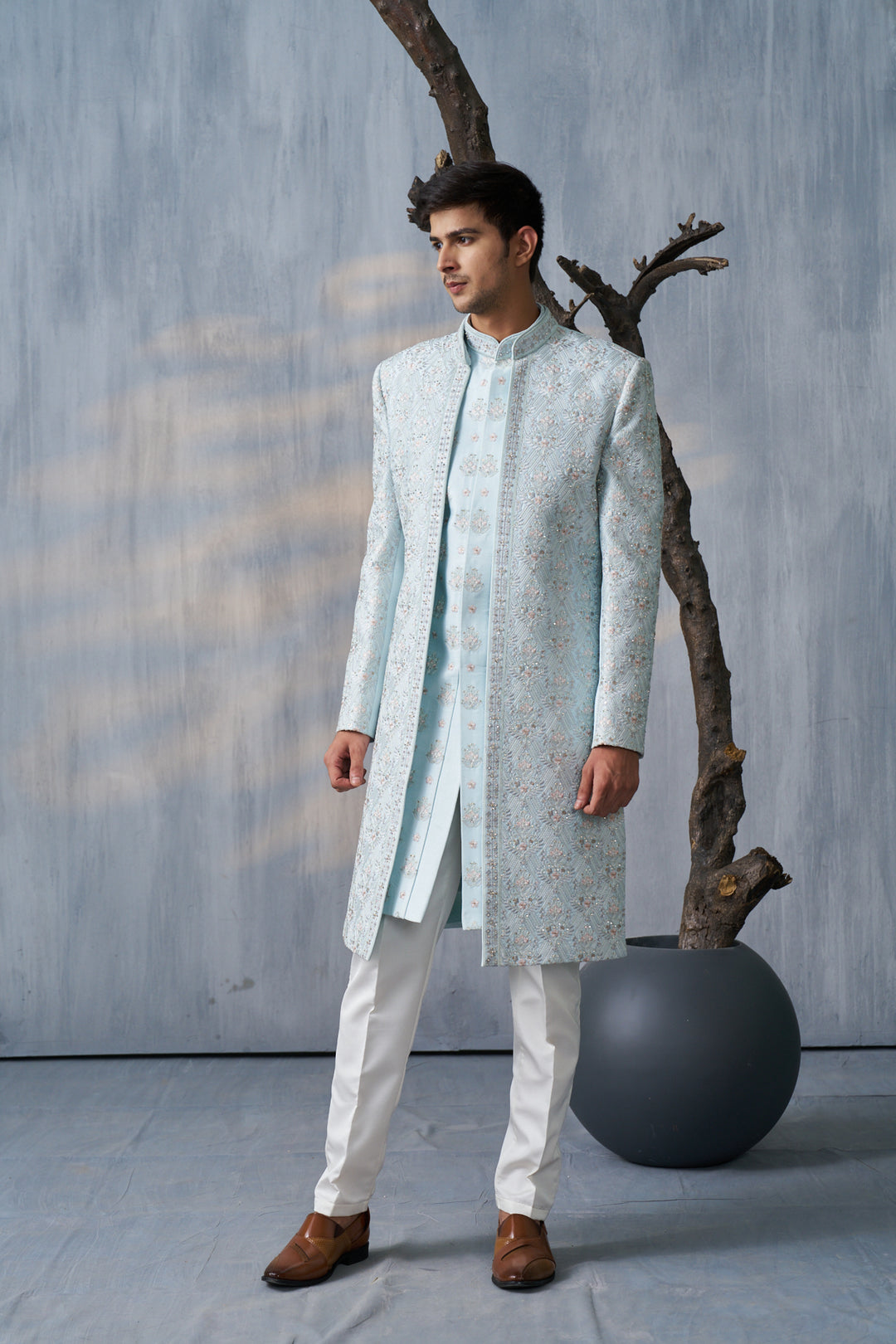 Pastel blue Indo-western jacket set