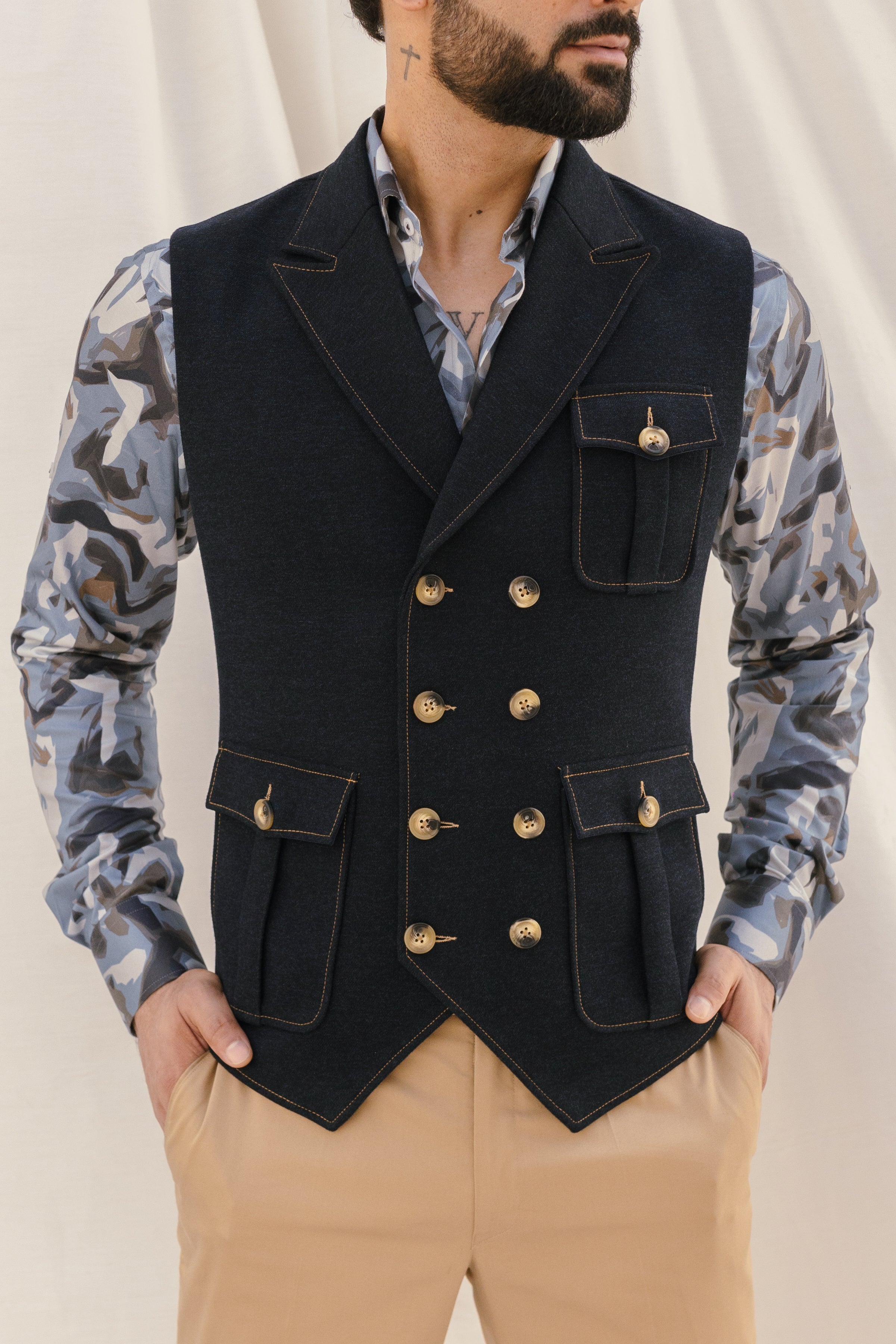 Double-Breasted Navy Waistcoat with Safari Pockets