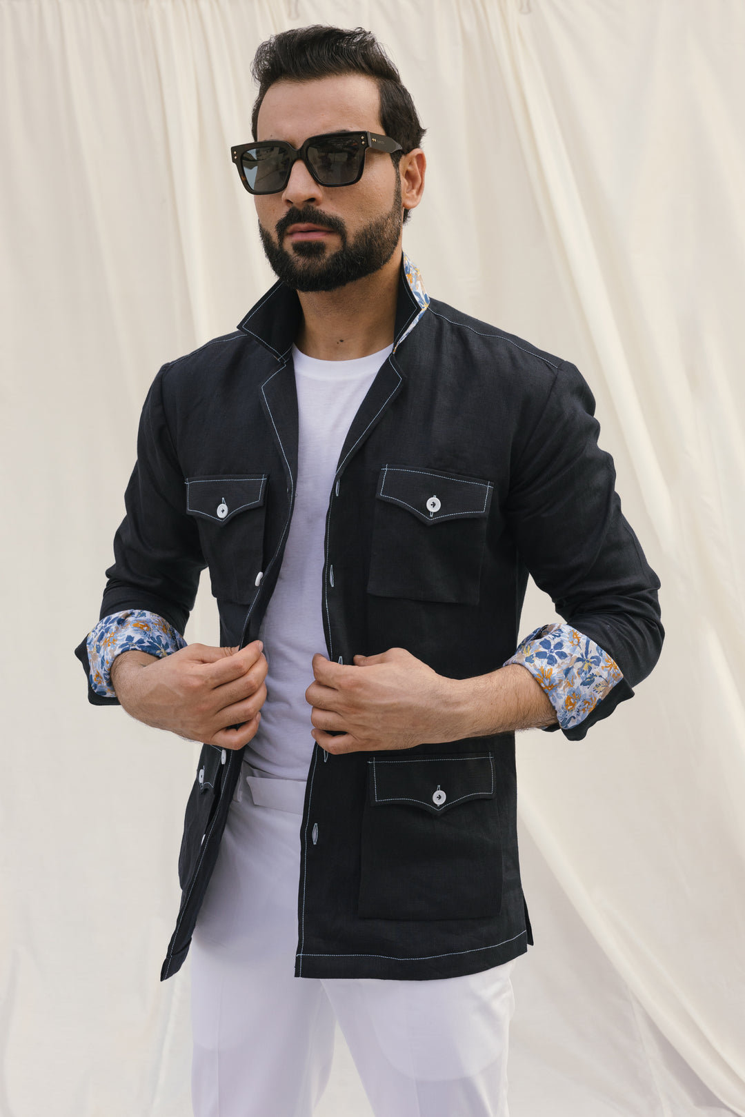 Black safari shirt with white contrast stitch and floral detail