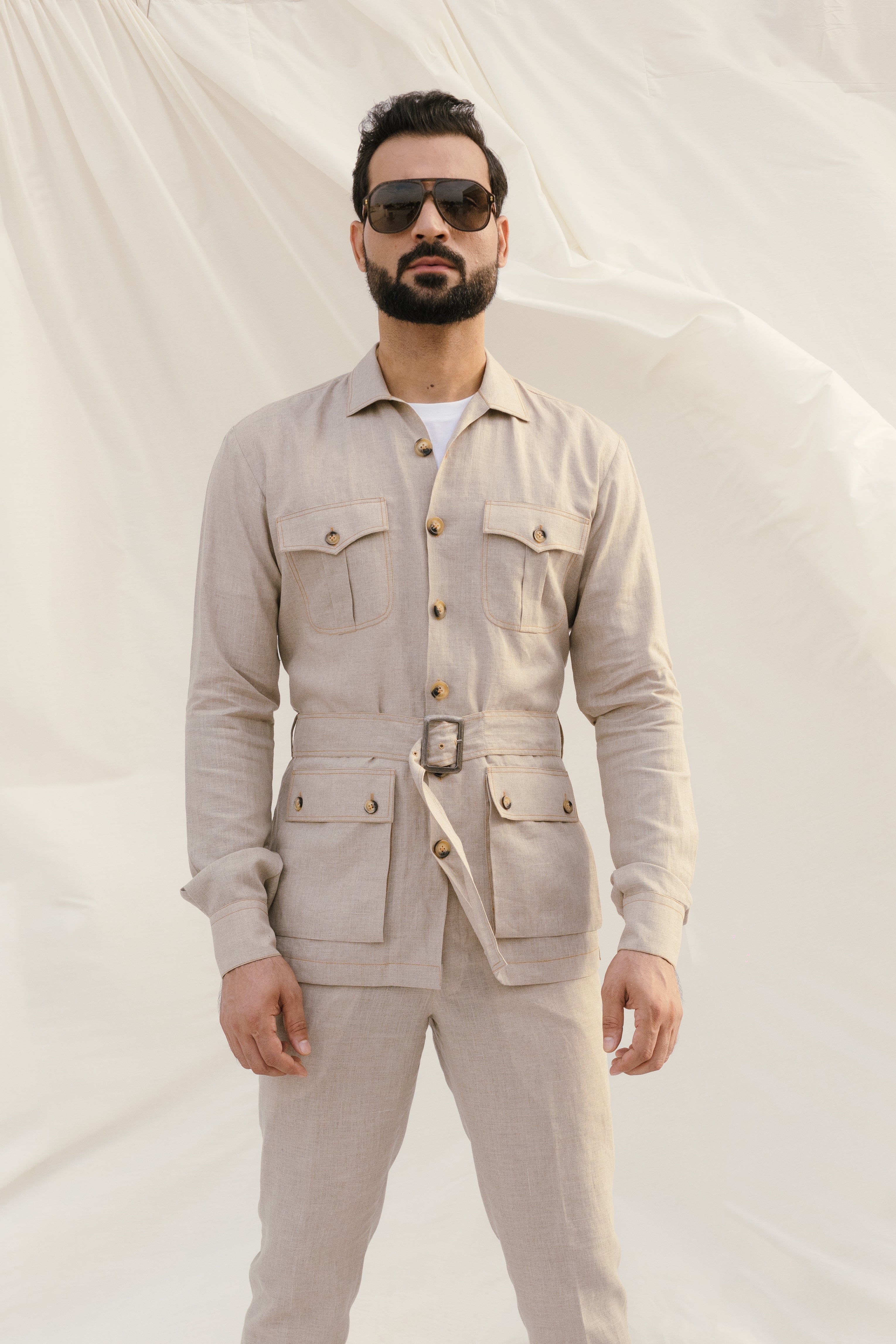 Beige Linen Cordset Safari Shirt with pach pockets and waist belt(with pant)