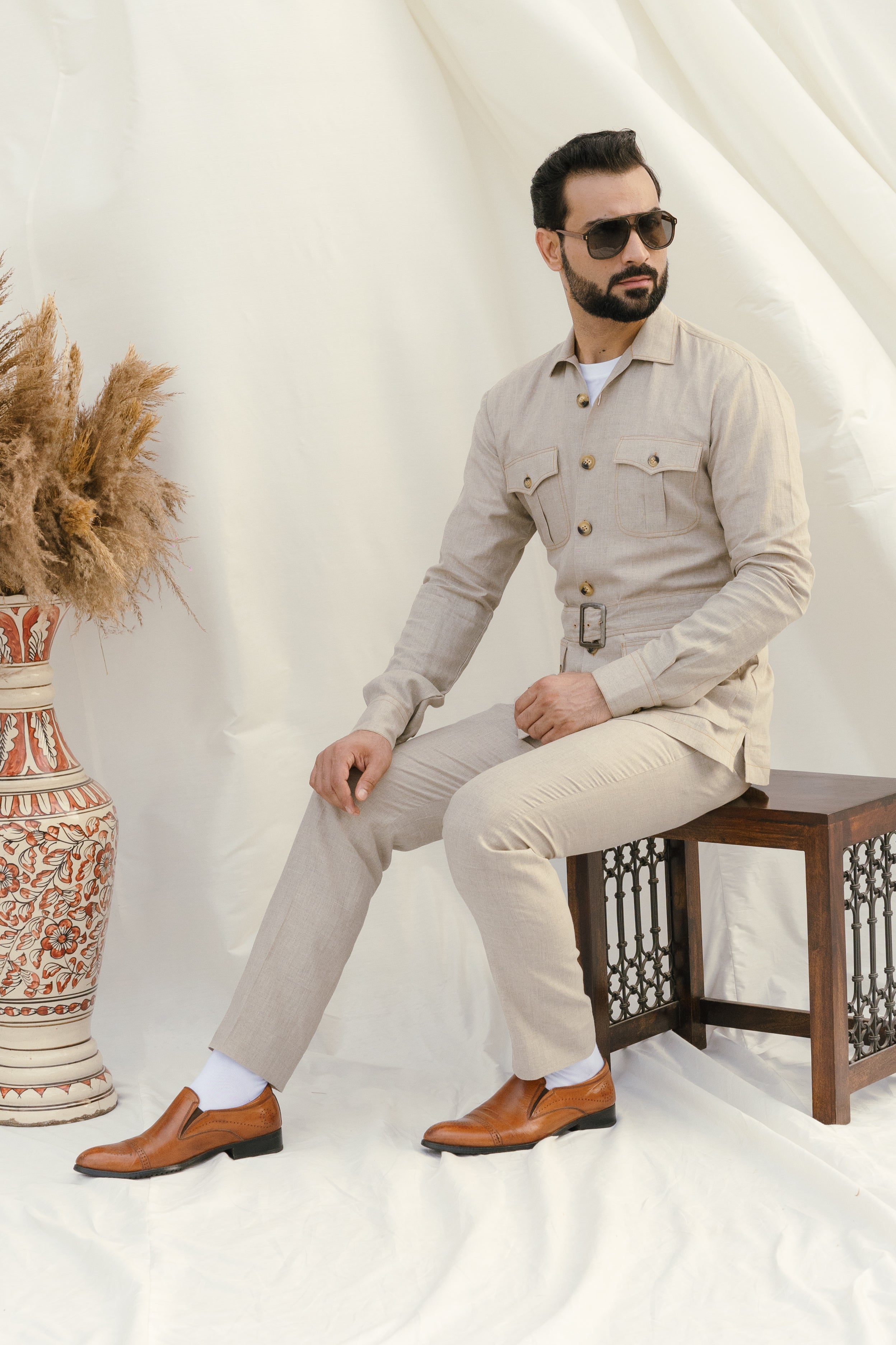Beige Linen Cordset Safari Shirt with pach pockets and waist belt(with pant)