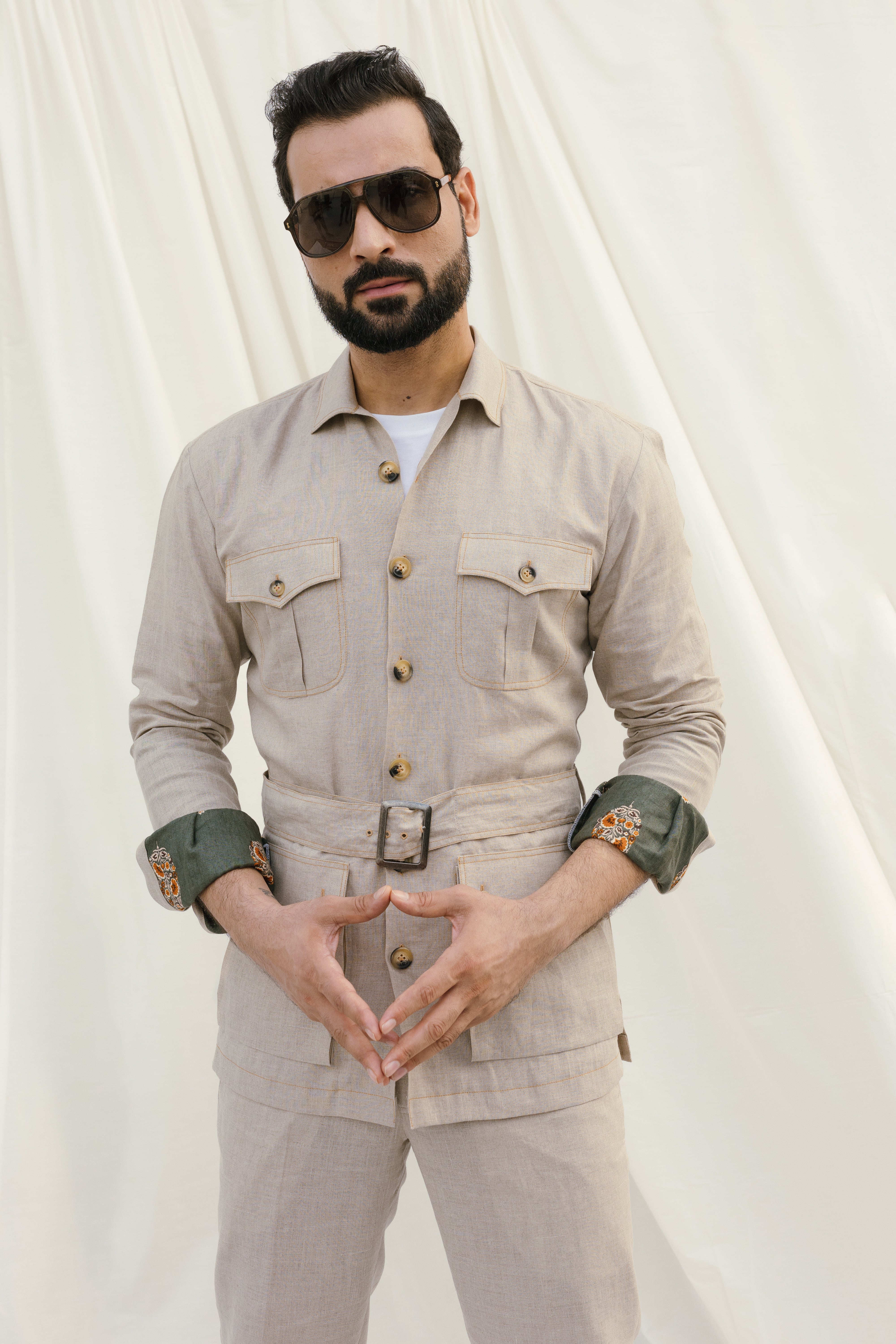 Beige Linen Cordset Safari Shirt with pach pockets and waist belt(with pant)