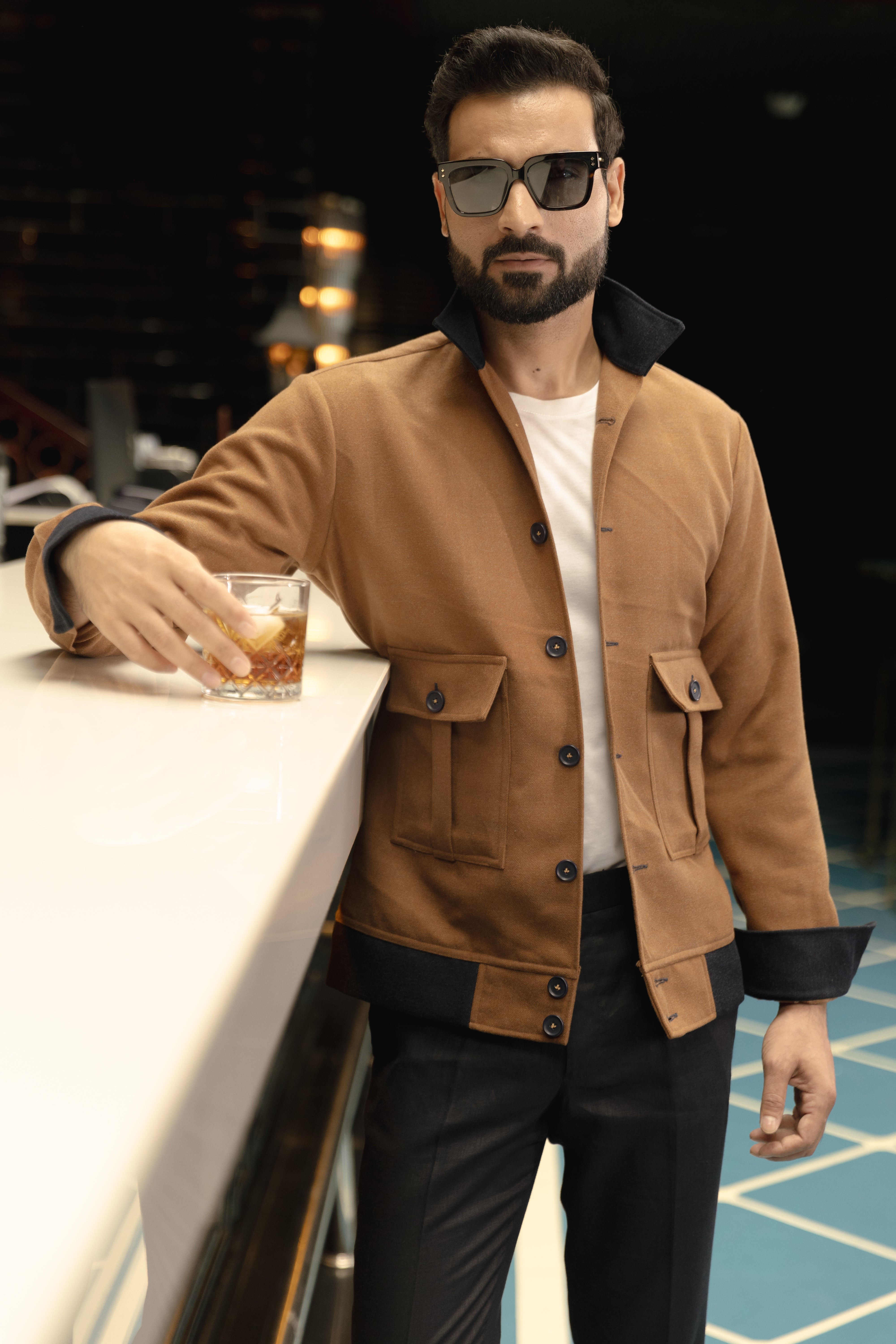 Mustard bomber jacket with patch pockets