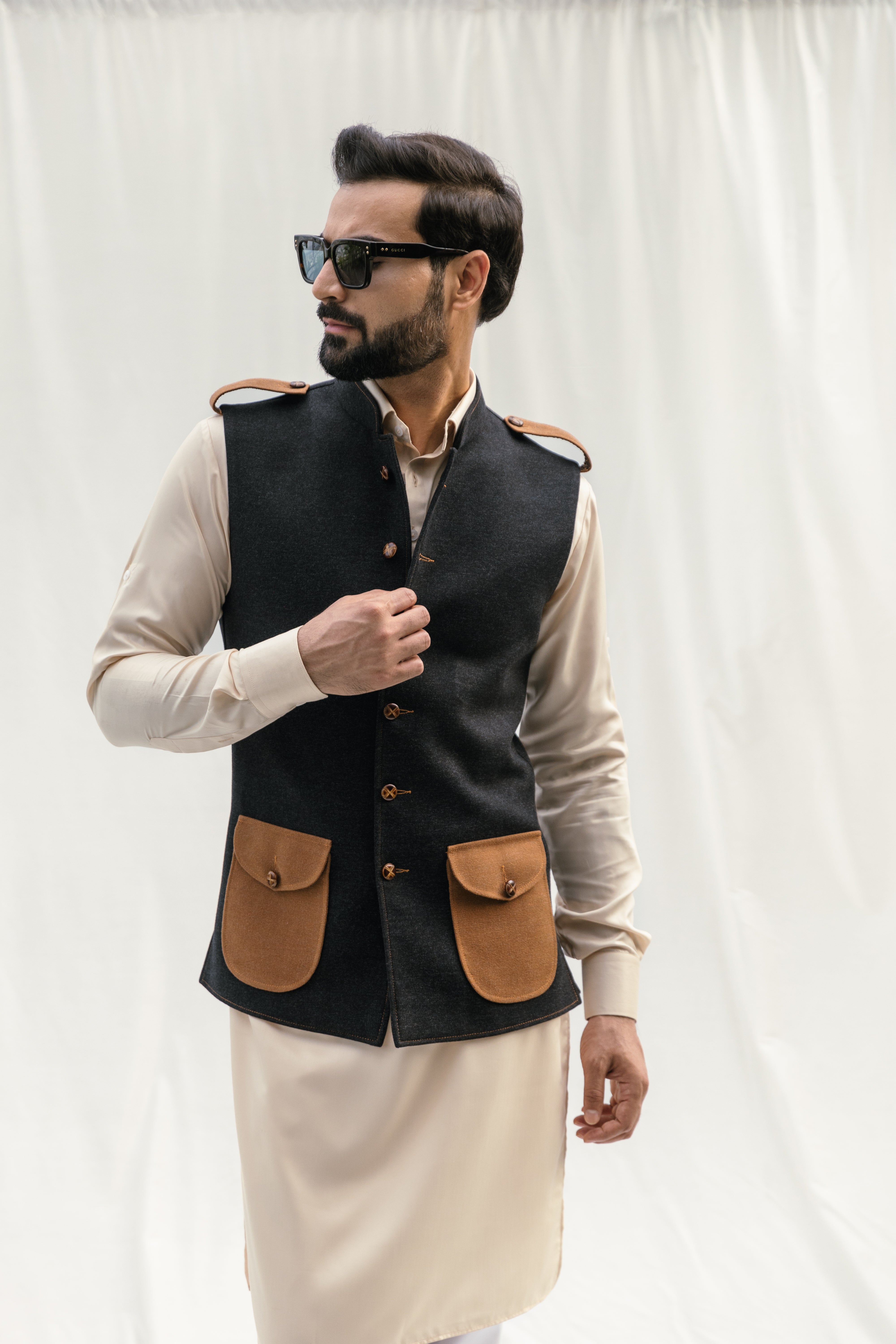 Charcoal Sadri with Camel Patch Pockets & Heritage Buttons