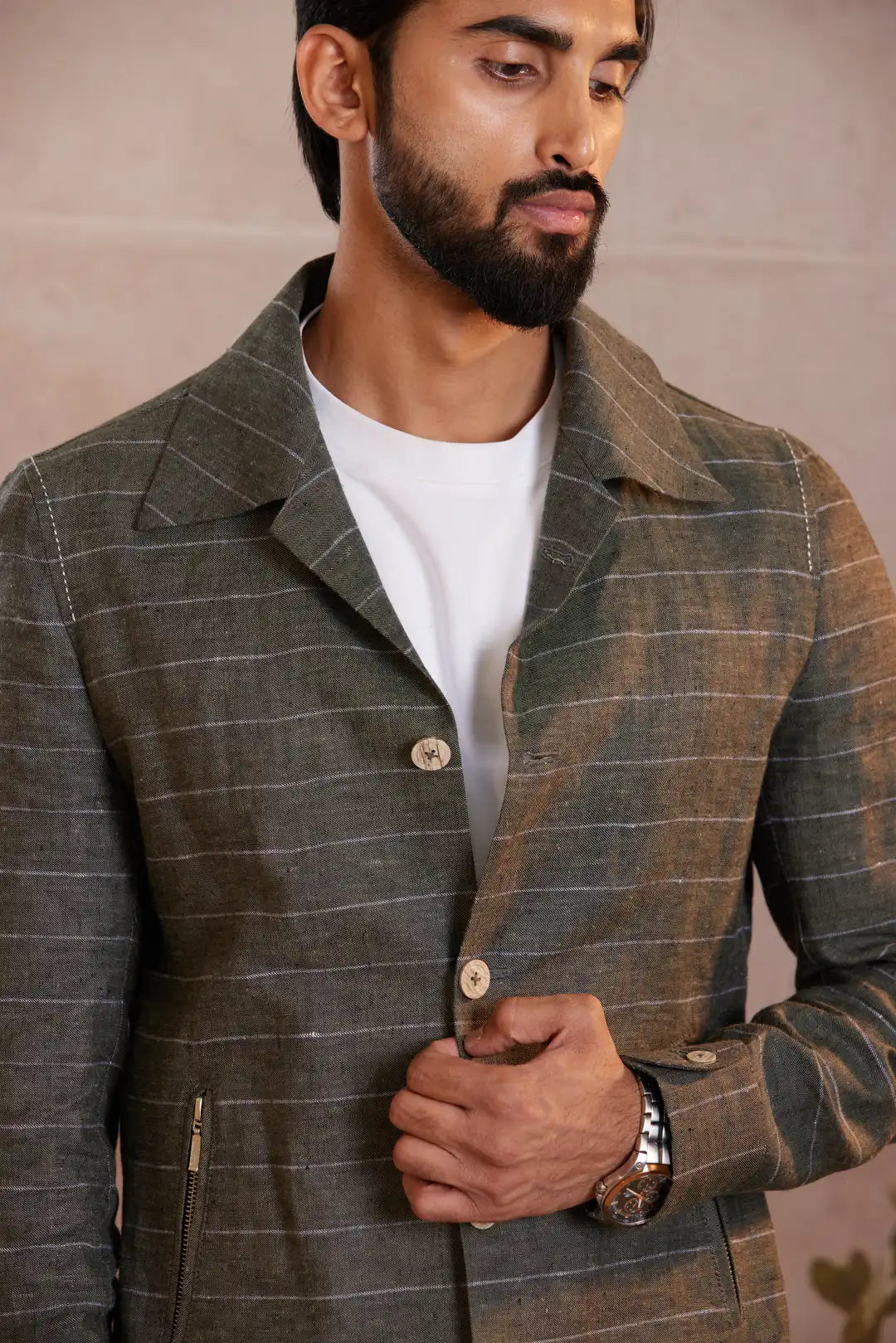 Sage green striped summer Linen Jacket